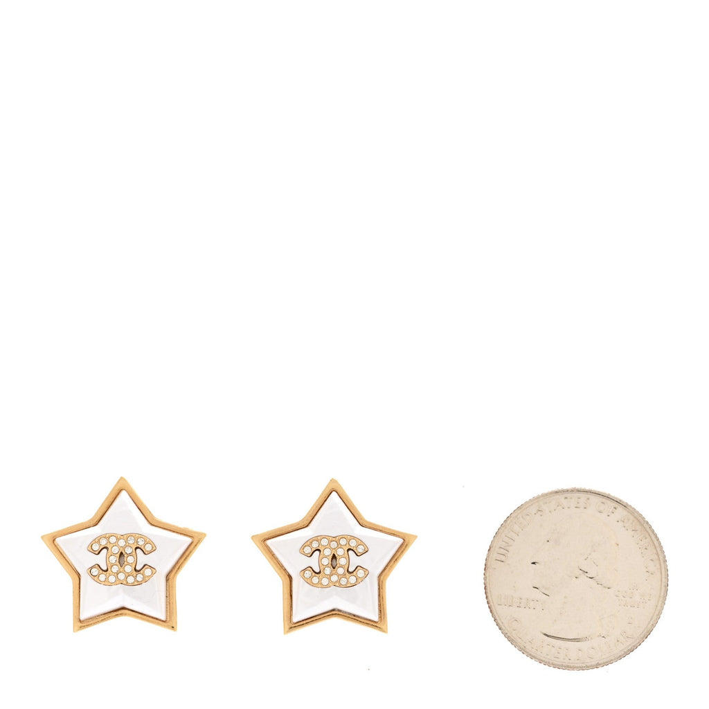 Chanel Pearl Crystal CC Star Earrings Gold