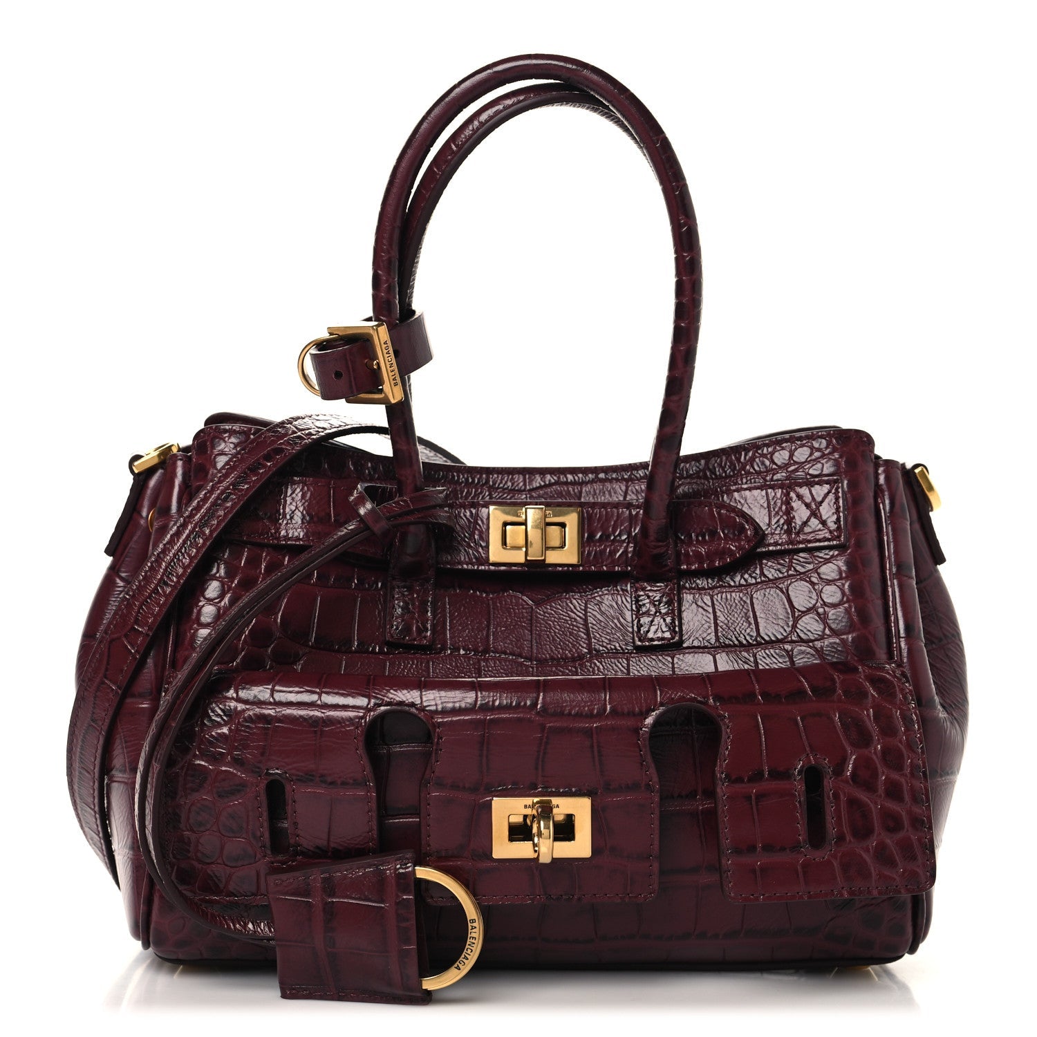 Balenciaga Calfskin Crocodile Embossed Mini Bel Air Carry All Bag Dark Burgundy