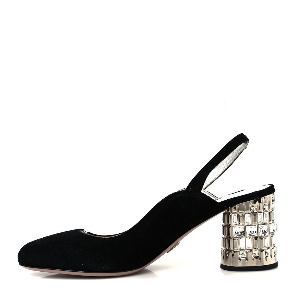 Prada Suede Crystal Block Heel Slingback Pump 37 Black