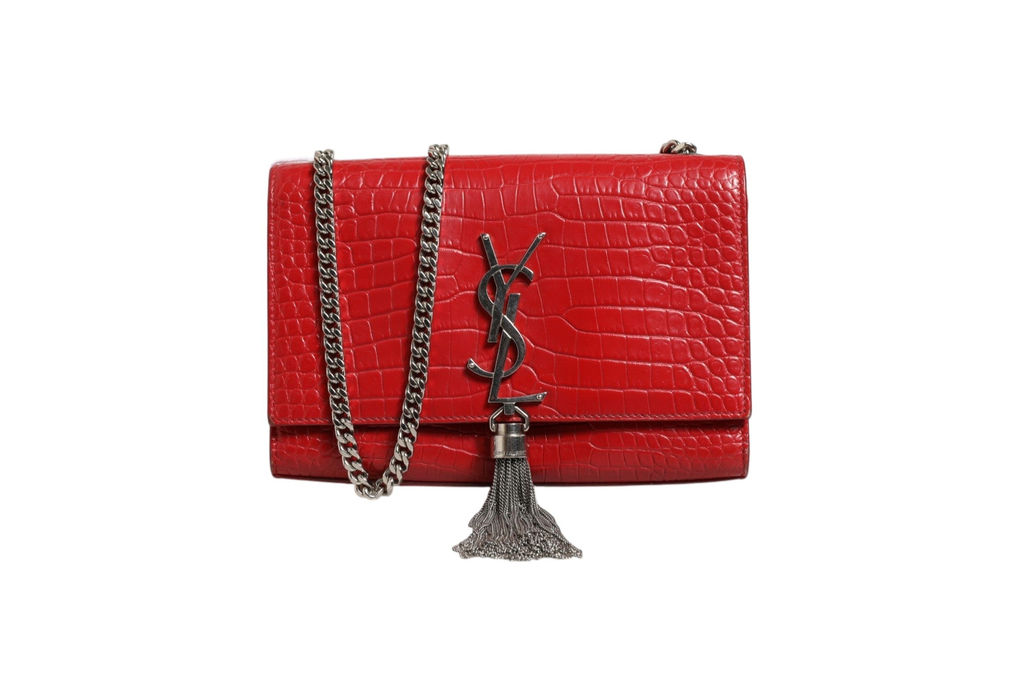 Saint Laurent Kate Tassel Chain Bag in Red Crocodile Embossed Women's Leather (Pre-Loved)