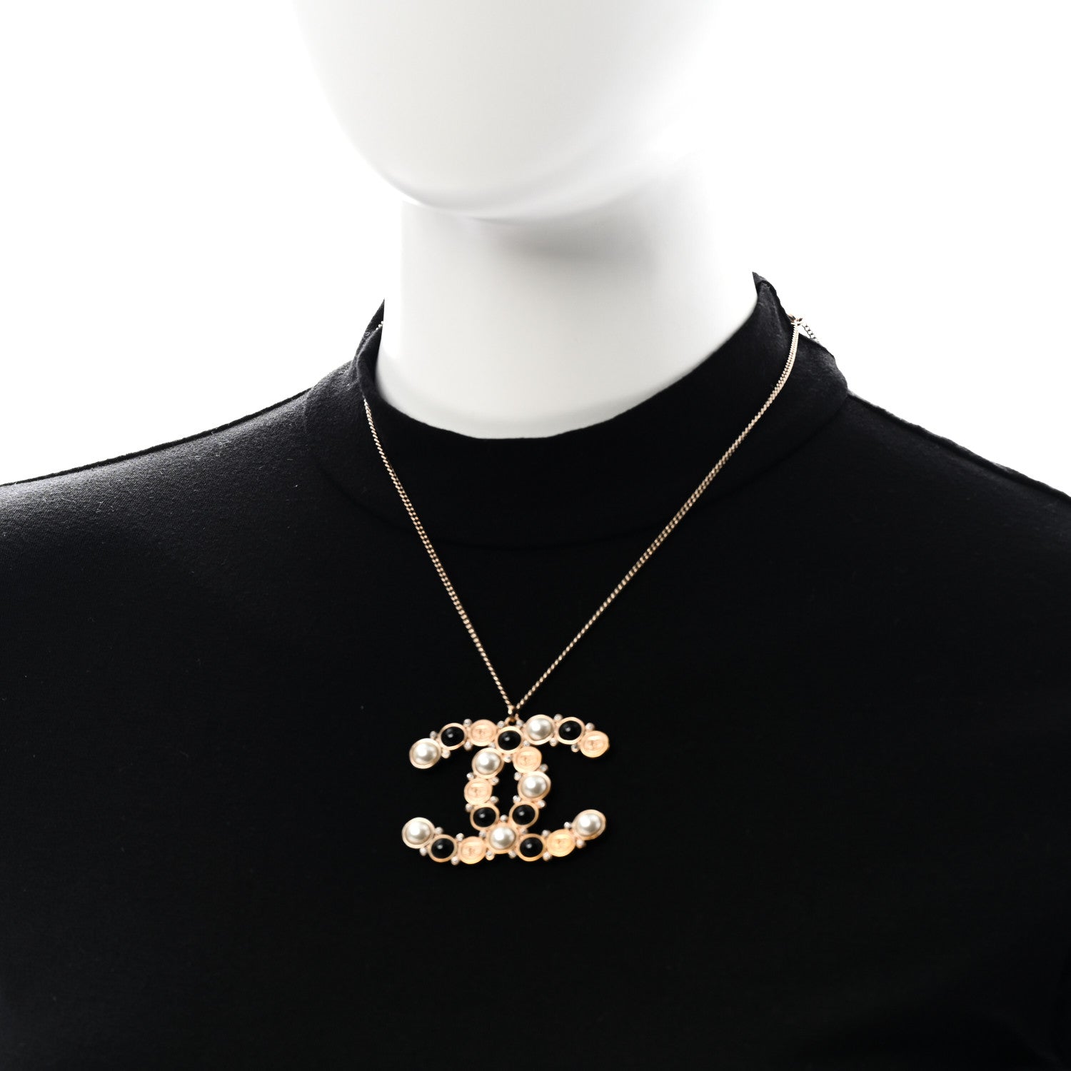 Chanel Crystal Pearl CC Chain Necklace Gold Black