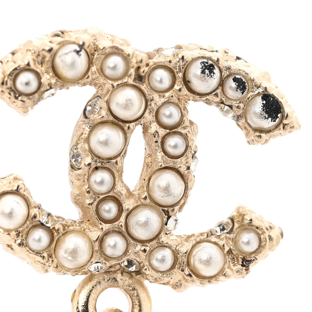 Chanel Crystal Pearl CC Drop Earrings Gold