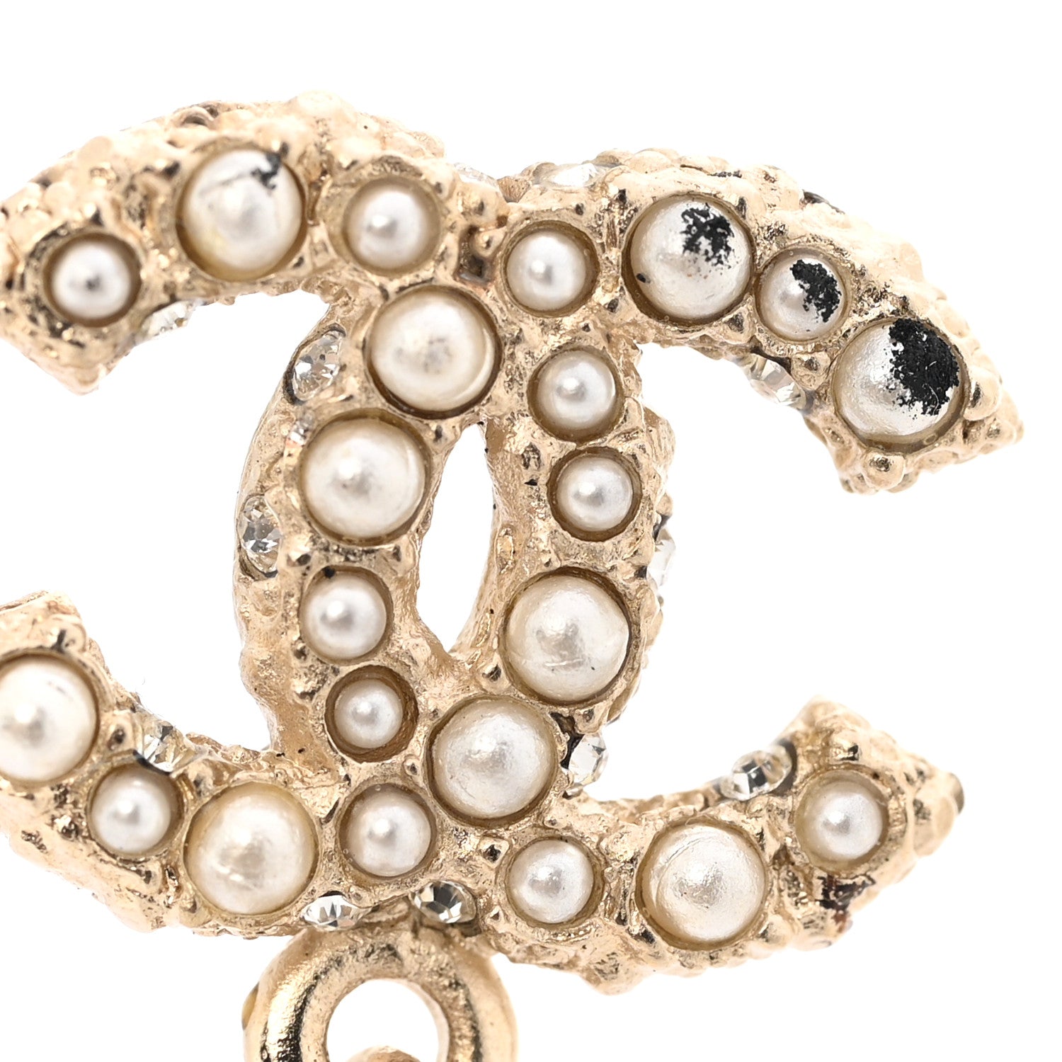Chanel Crystal Pearl CC Drop Earrings Gold