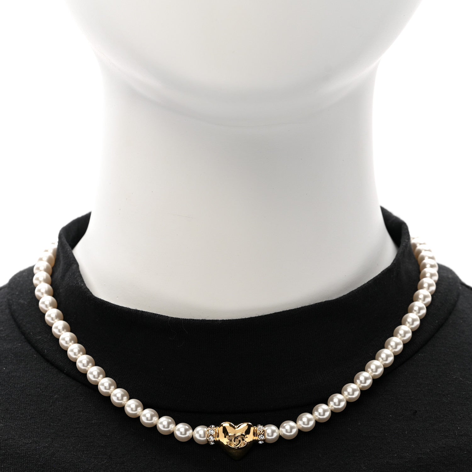 Chanel Crystal Pearl CC Heart Choker Necklace Gold