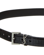 Saint Laurent Monogram Croc-Embossed Leather Belt