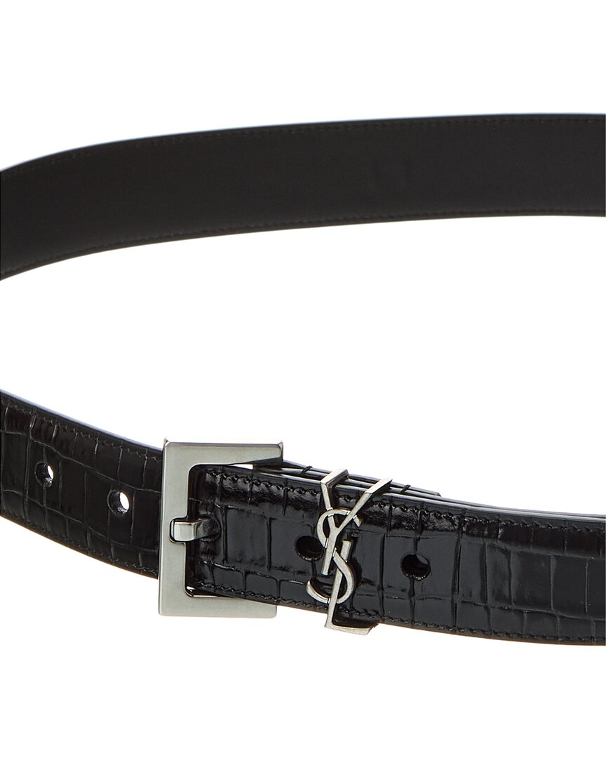 Saint Laurent Monogram Croc-Embossed Leather Belt