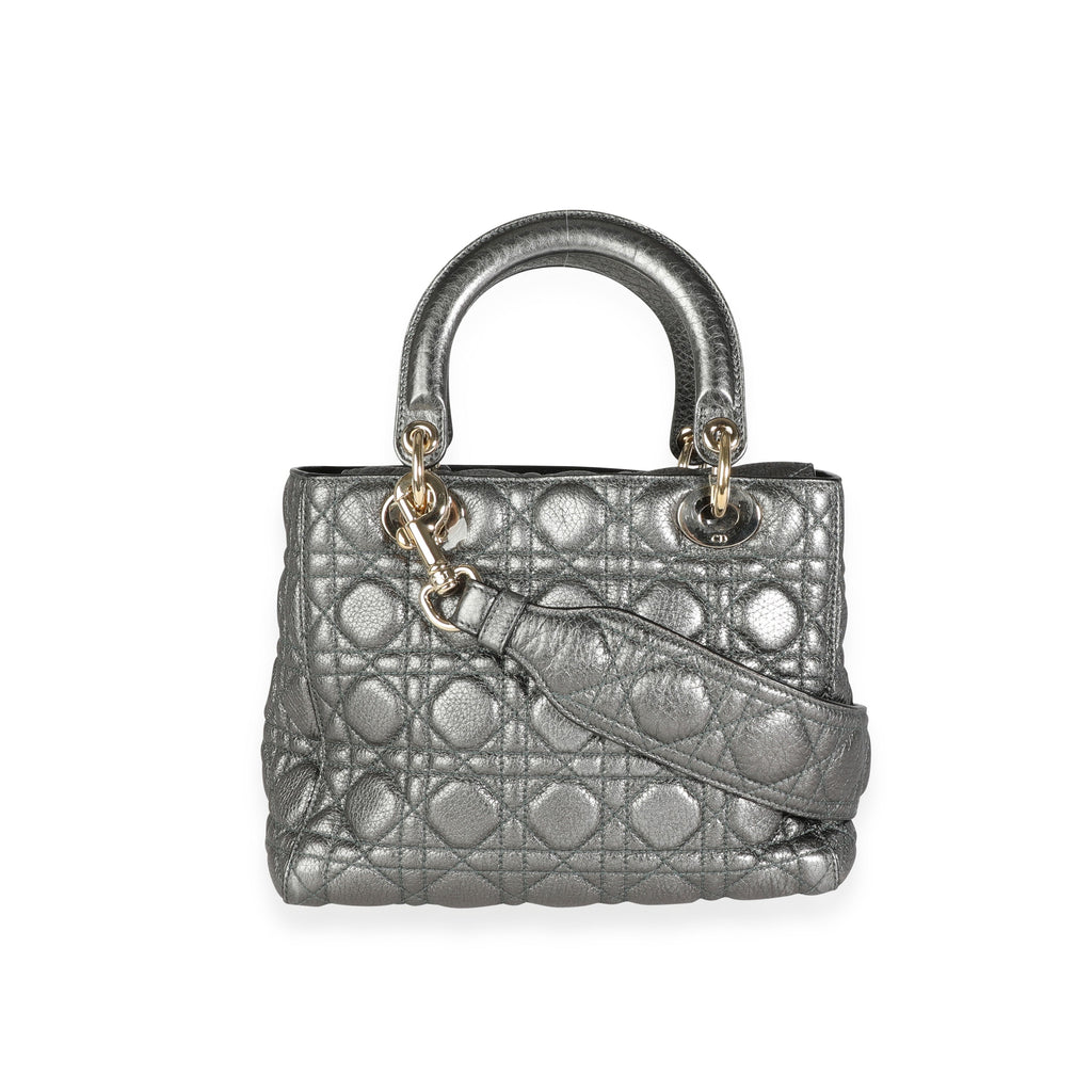 Christian Dior Metallic Silver Supple Cannage Leather Medium Lady Dior Tote