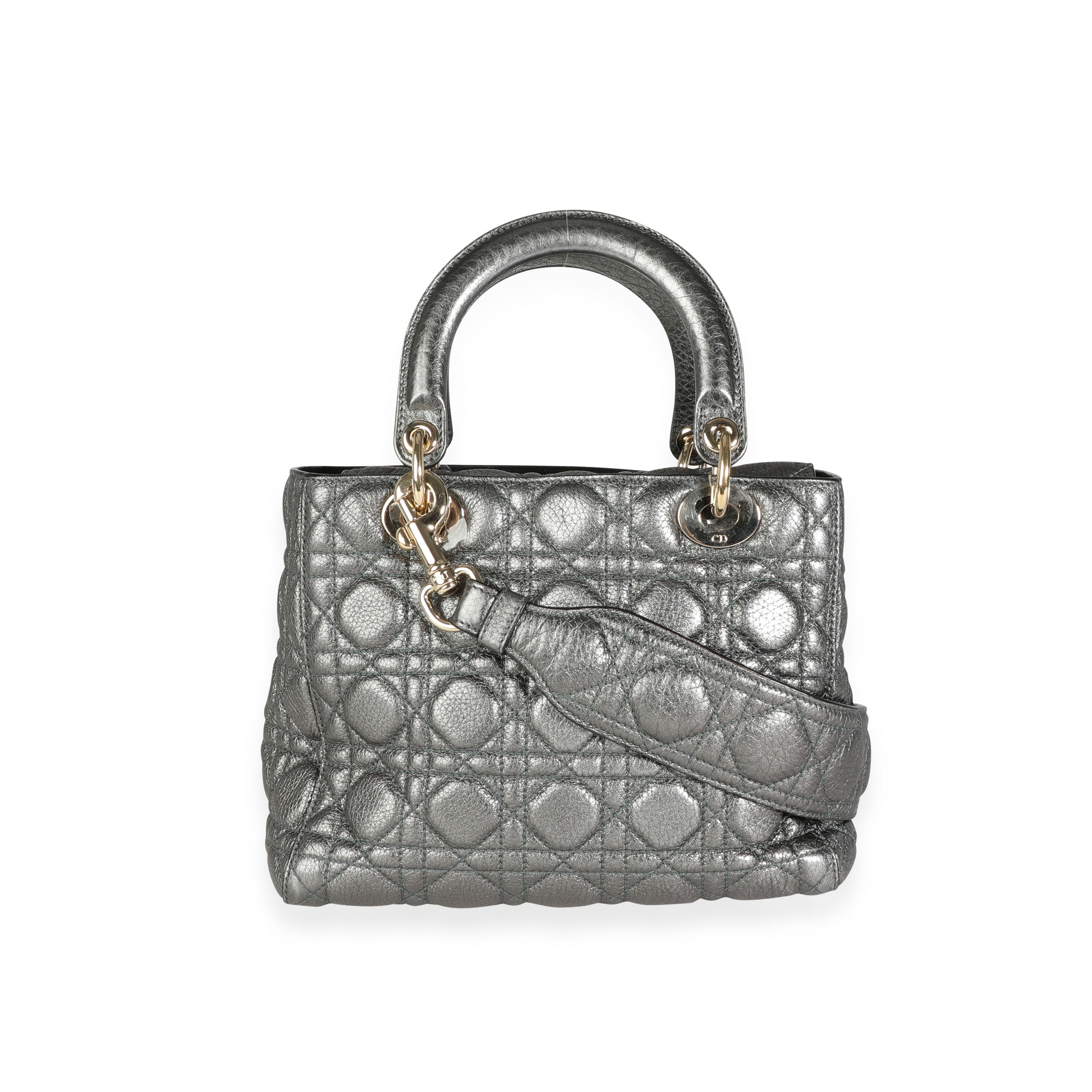 Christian Dior Metallic Silver Supple Cannage Leather Medium Lady Dior Tote