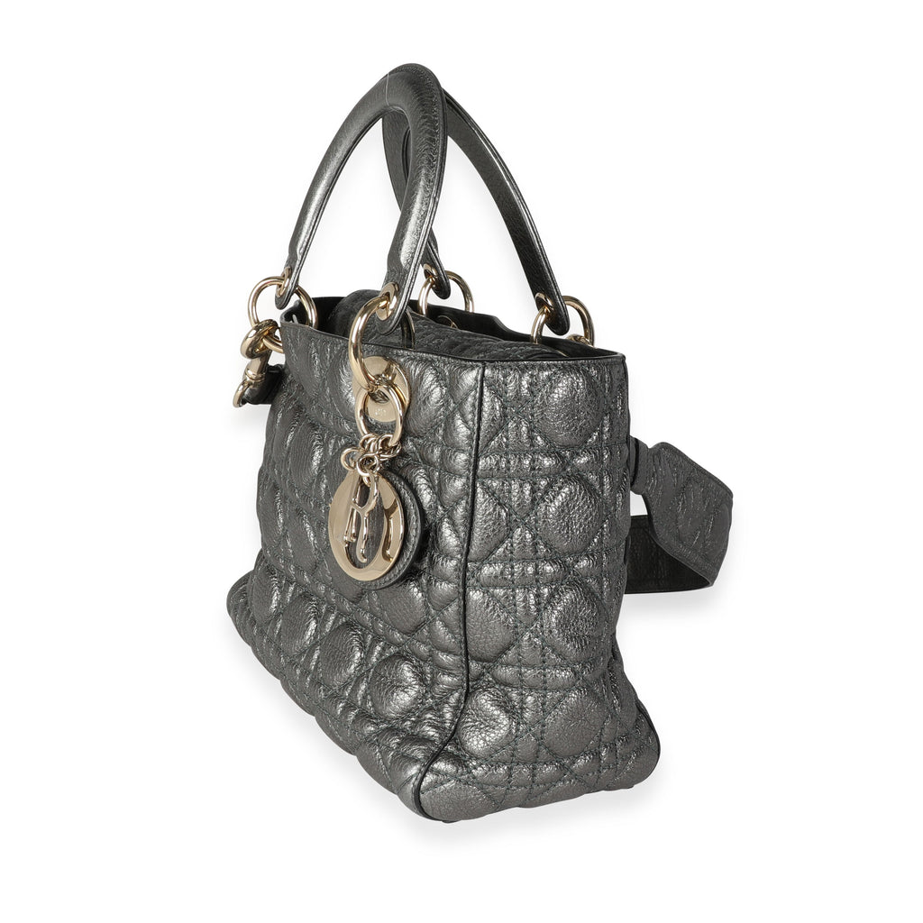 Christian Dior Metallic Silver Supple Cannage Leather Medium Lady Dior Tote
