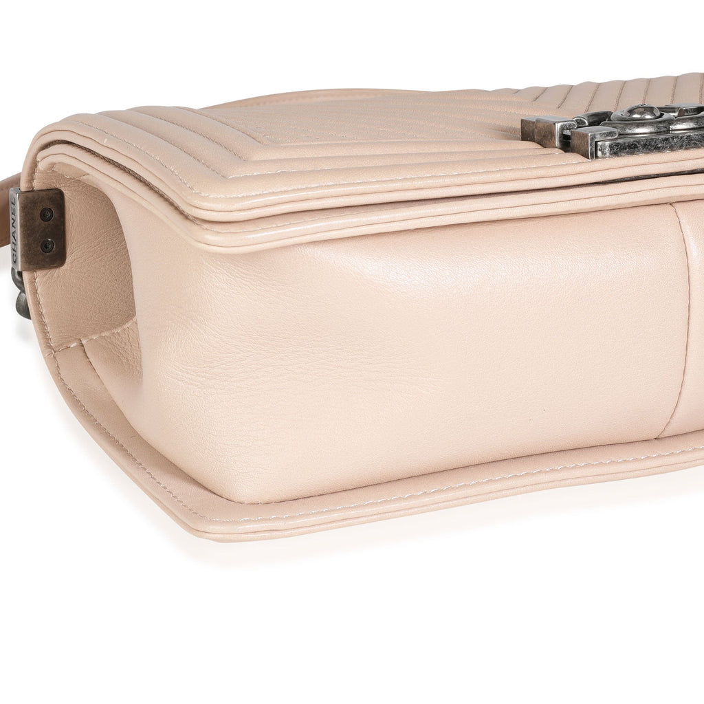 Chanel Light Beige Chevron Quilted Lambskin Medium Boy Bag