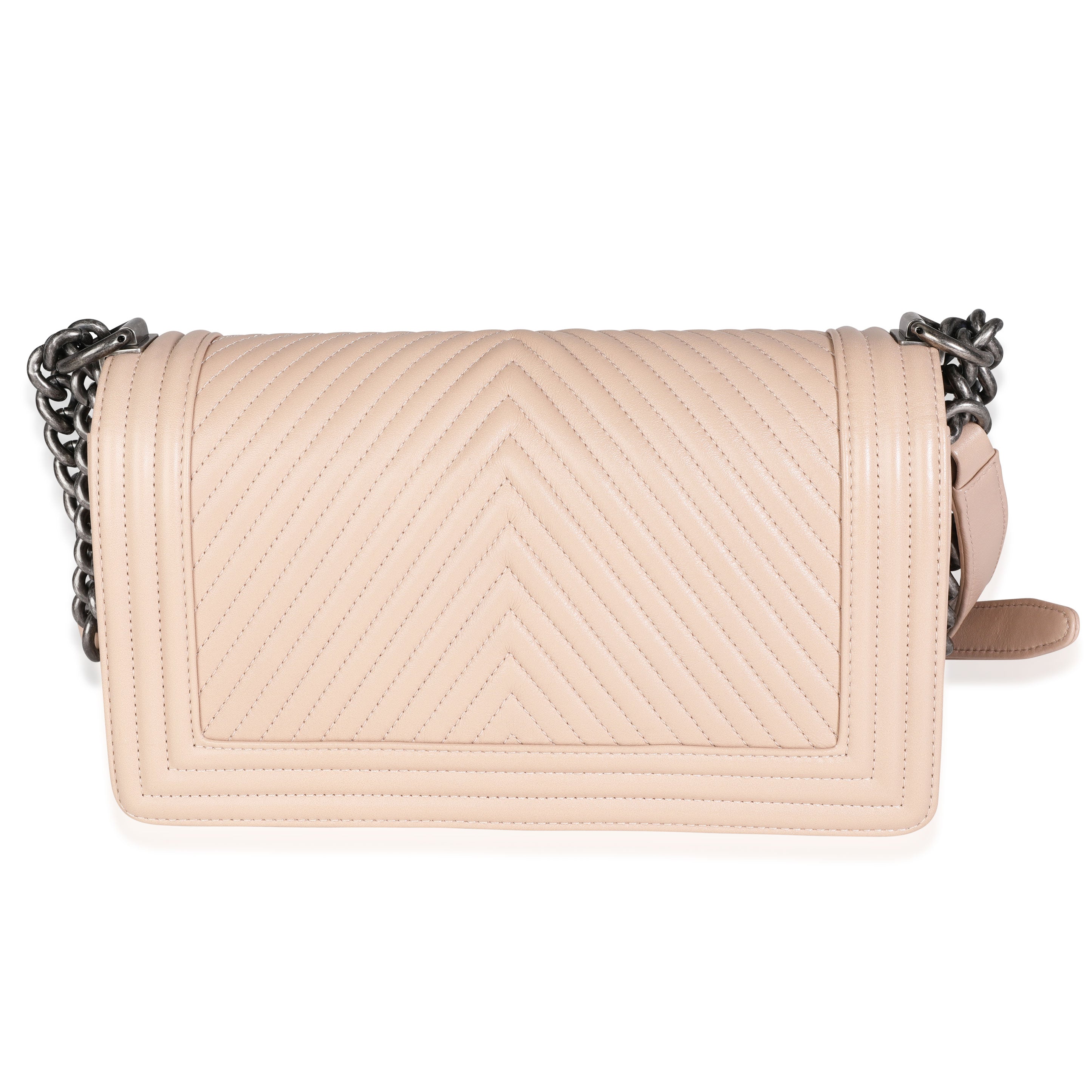 Chanel Light Beige Chevron Quilted Lambskin Medium Boy Bag