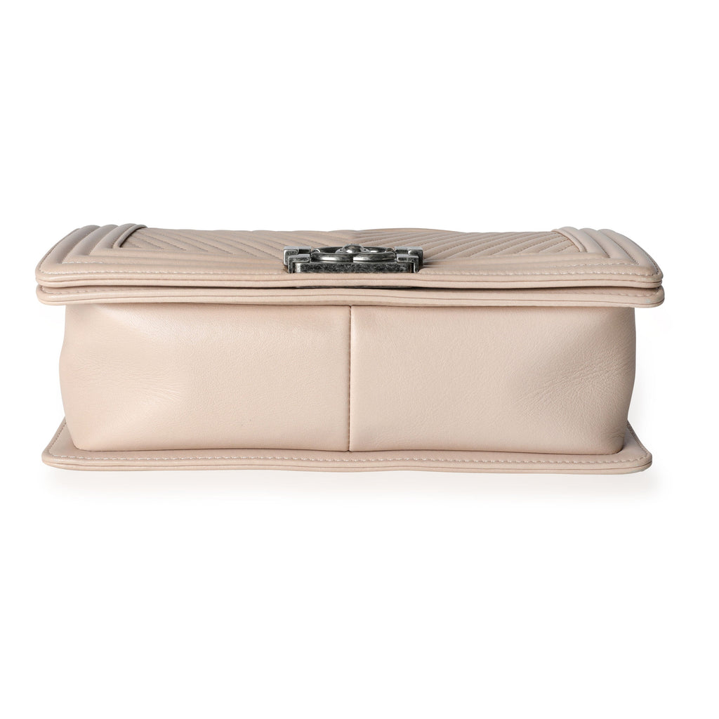 Chanel Light Beige Chevron Quilted Lambskin Medium Boy Bag