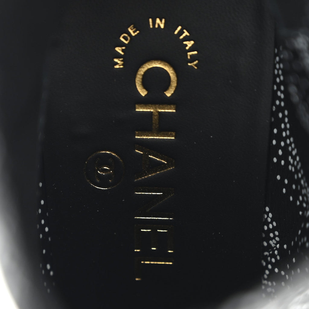 Chanel Calfskin Camellia Printed Ankle Boots 38 Black White
