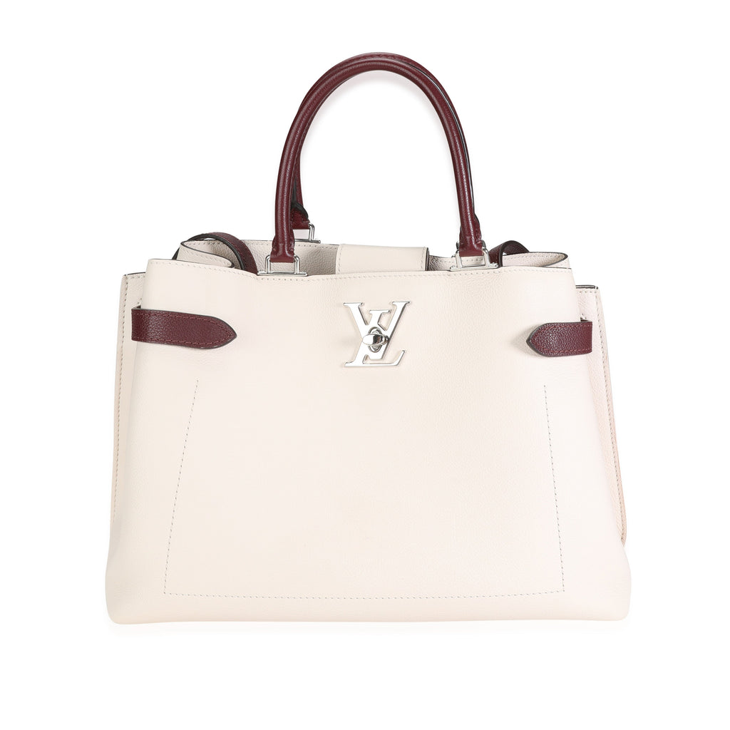 Louis Vuitton Louis Vuitton Cream & Burgundy Grained Calf Leather Lockme Day Bag