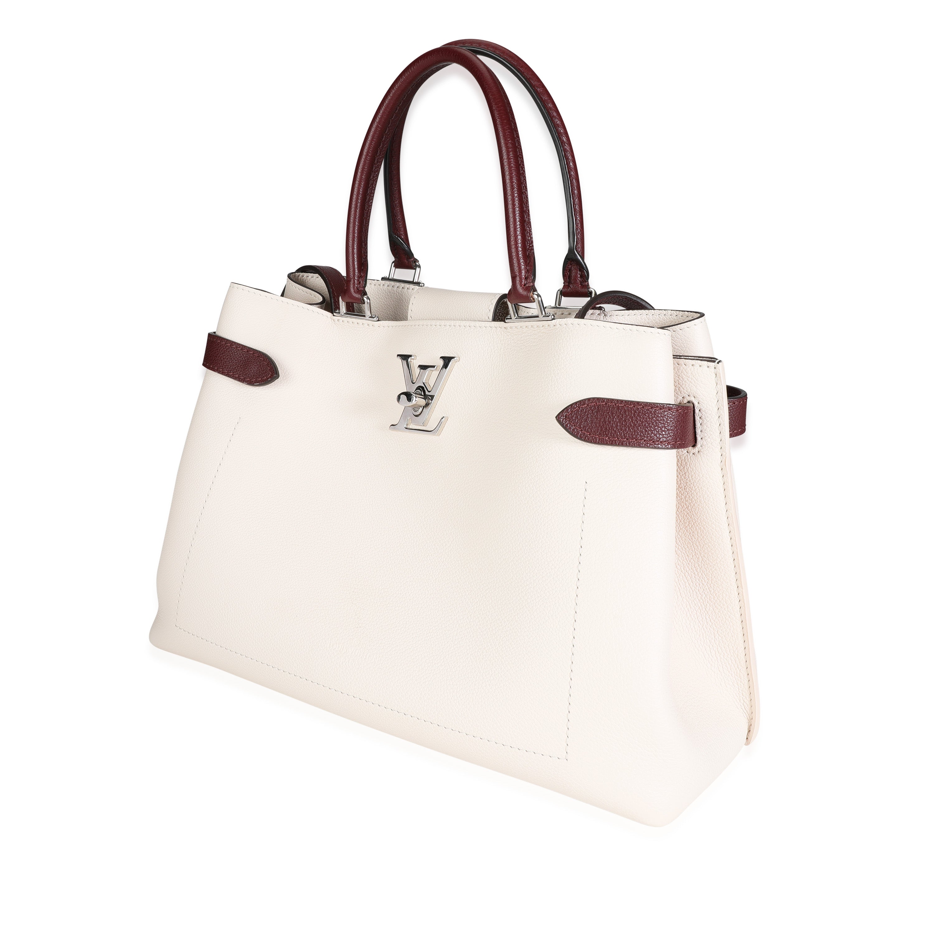 Louis Vuitton Louis Vuitton Cream & Burgundy Grained Calf Leather Lockme Day Bag