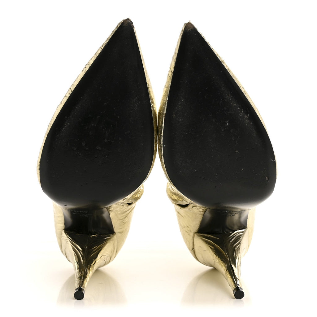 Saint Laurent Metallic Crinkled Polyurethane Calfskin Kiki Pointed Toe Ankle Boots 38 Gold