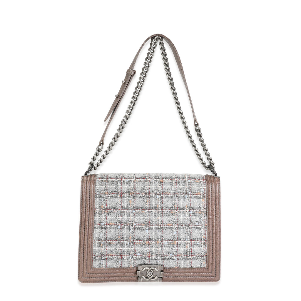 Chanel Taupe and Multicolor Tweed Caviar Large Boy Handbag