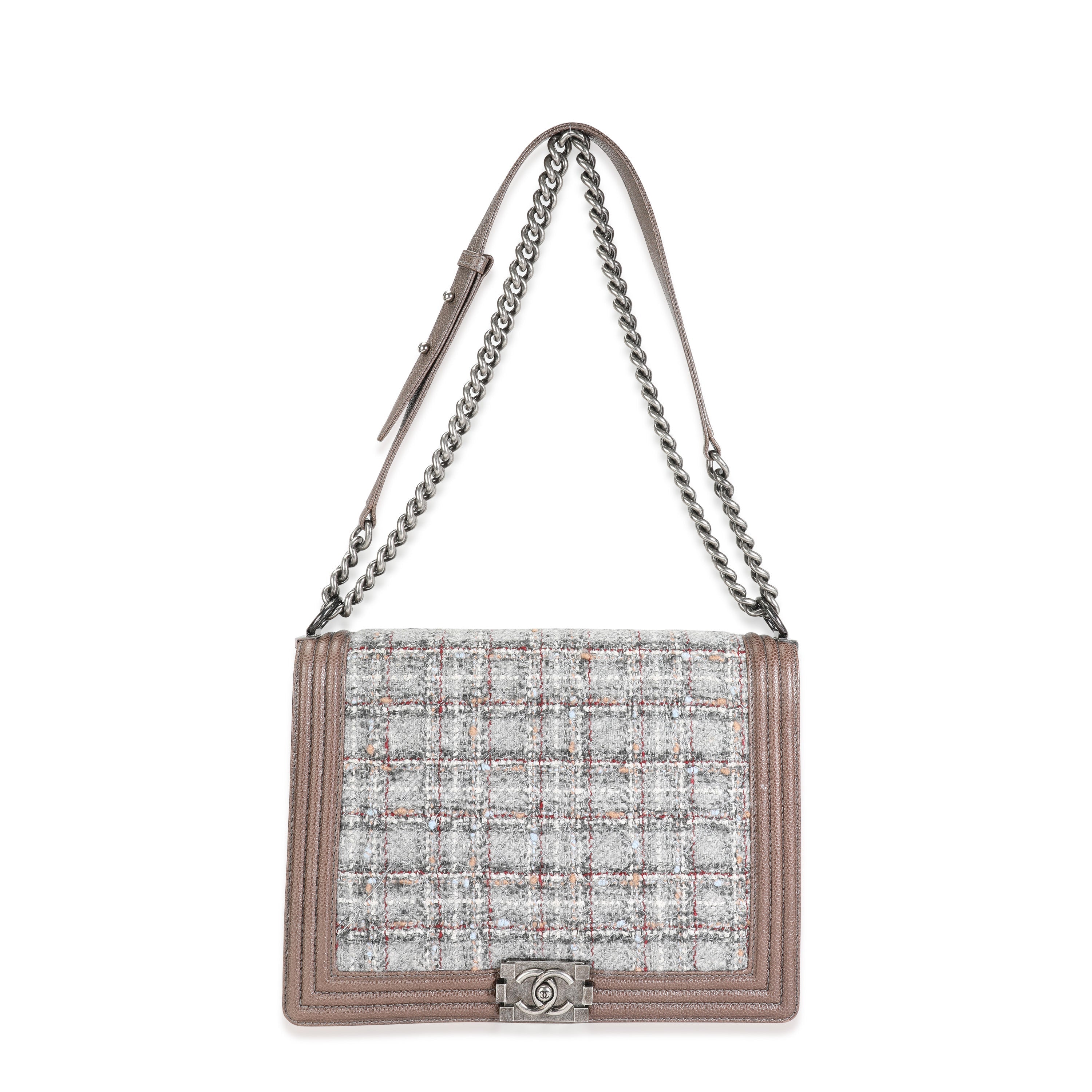 Chanel Taupe and Multicolor Tweed Caviar Large Boy Handbag