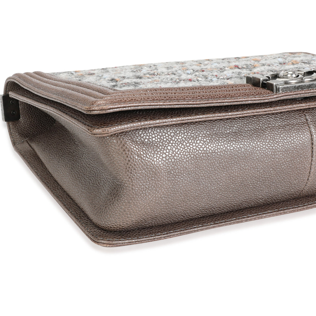 Chanel Taupe and Multicolor Tweed Caviar Large Boy Handbag