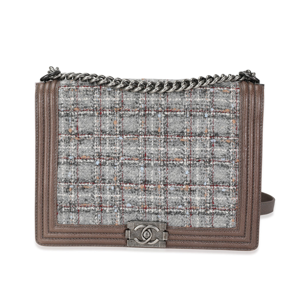 Chanel Taupe and Multicolor Tweed Caviar Large Boy Handbag
