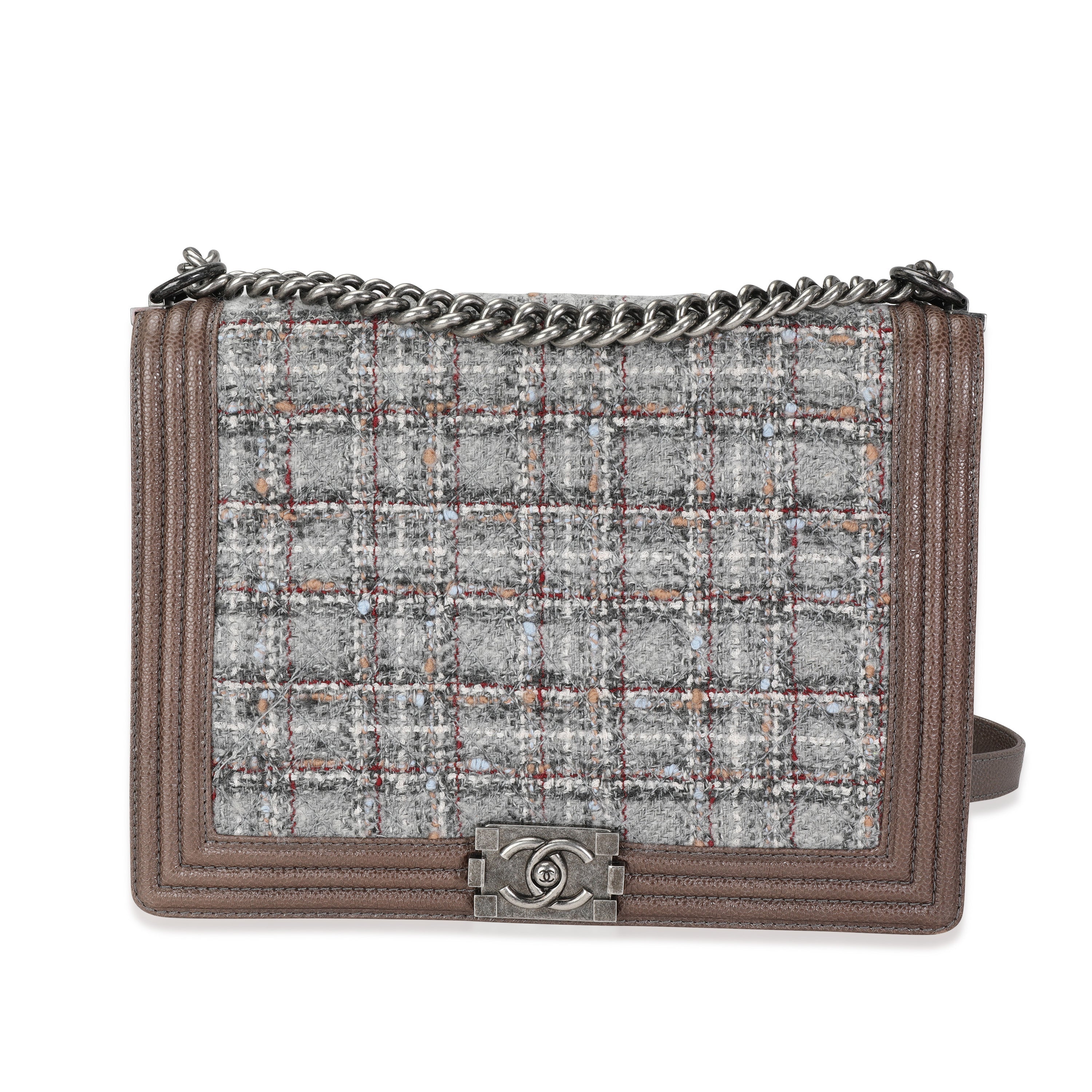 Chanel Taupe and Multicolor Tweed Caviar Large Boy Handbag