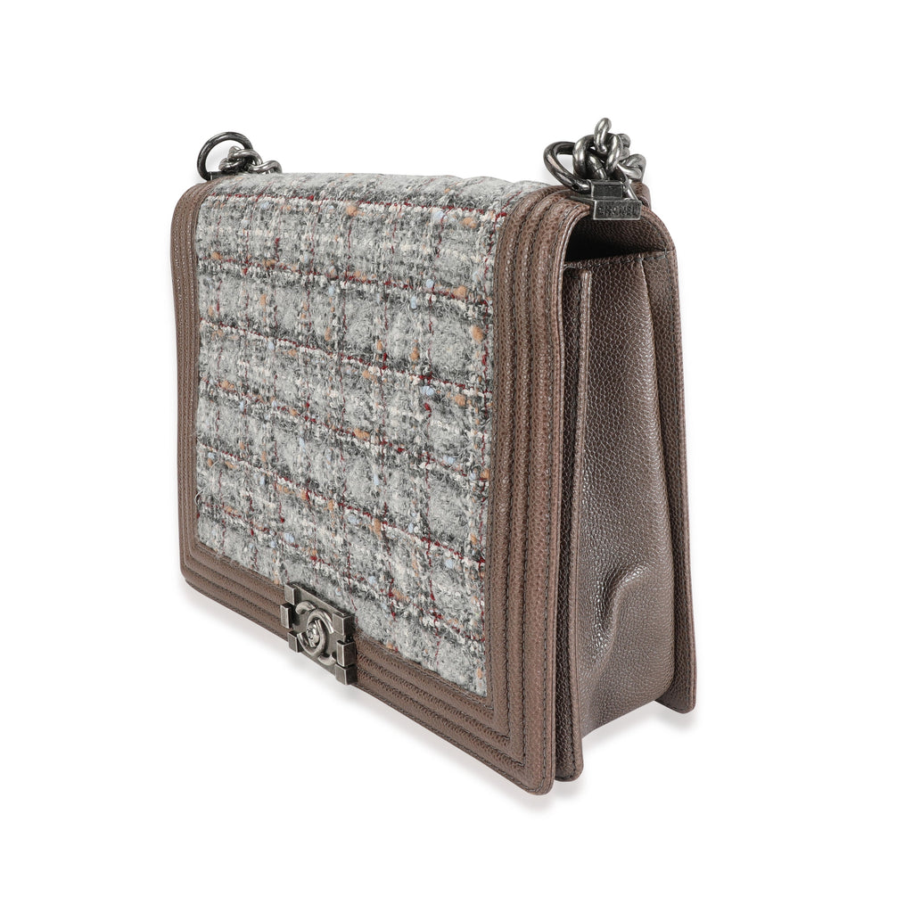 Chanel Taupe and Multicolor Tweed Caviar Large Boy Handbag