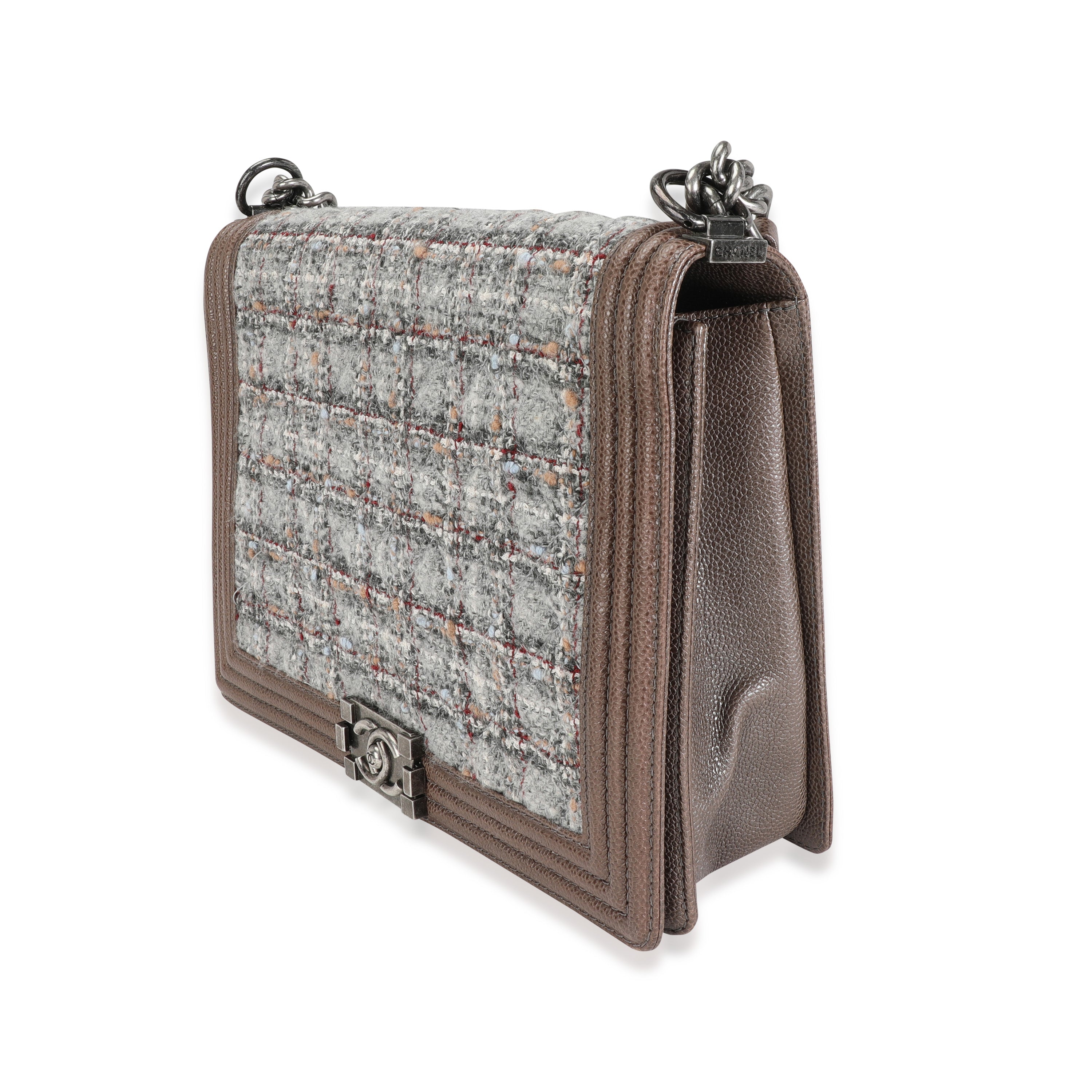 Chanel Taupe and Multicolor Tweed Caviar Large Boy Handbag