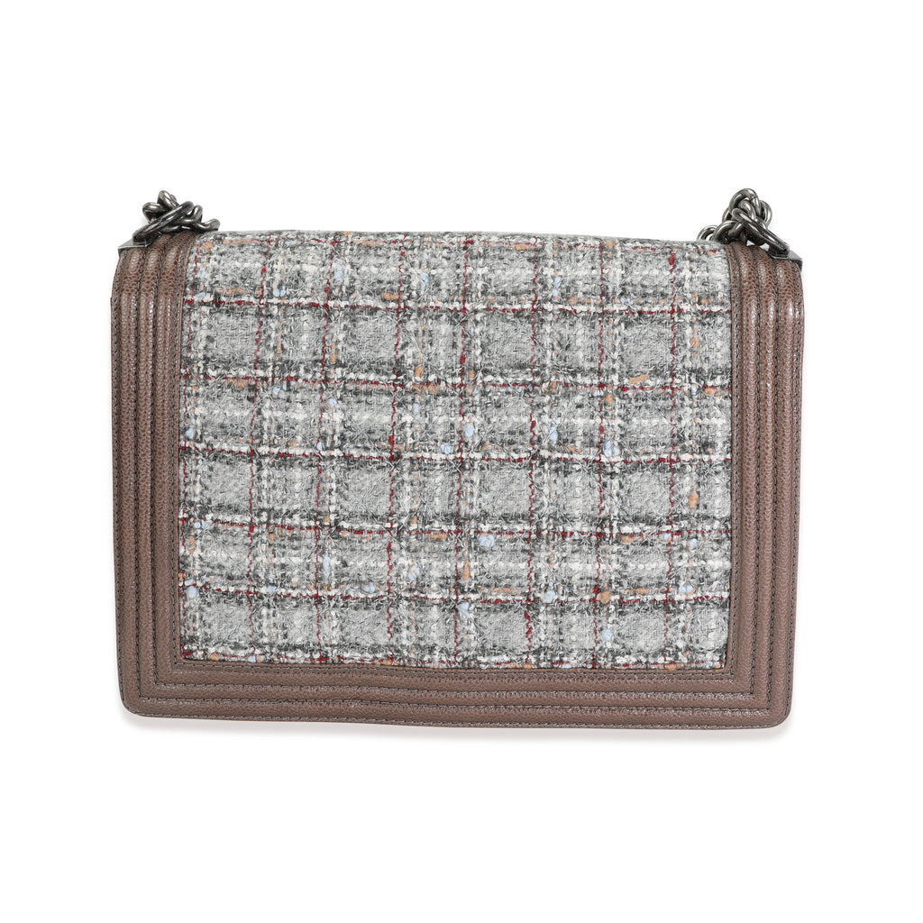 Chanel Taupe and Multicolor Tweed Caviar Large Boy Handbag