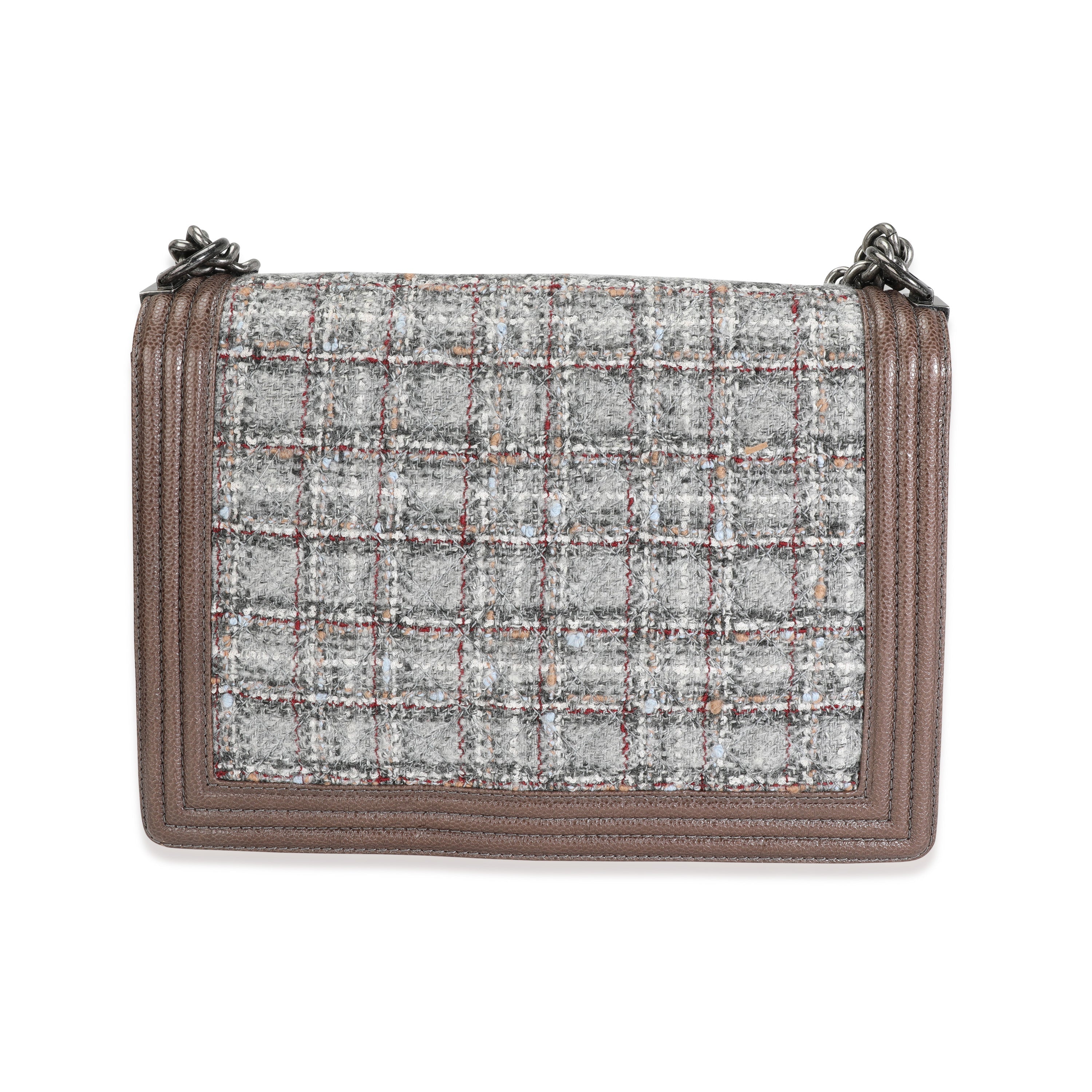 Chanel Taupe and Multicolor Tweed Caviar Large Boy Handbag