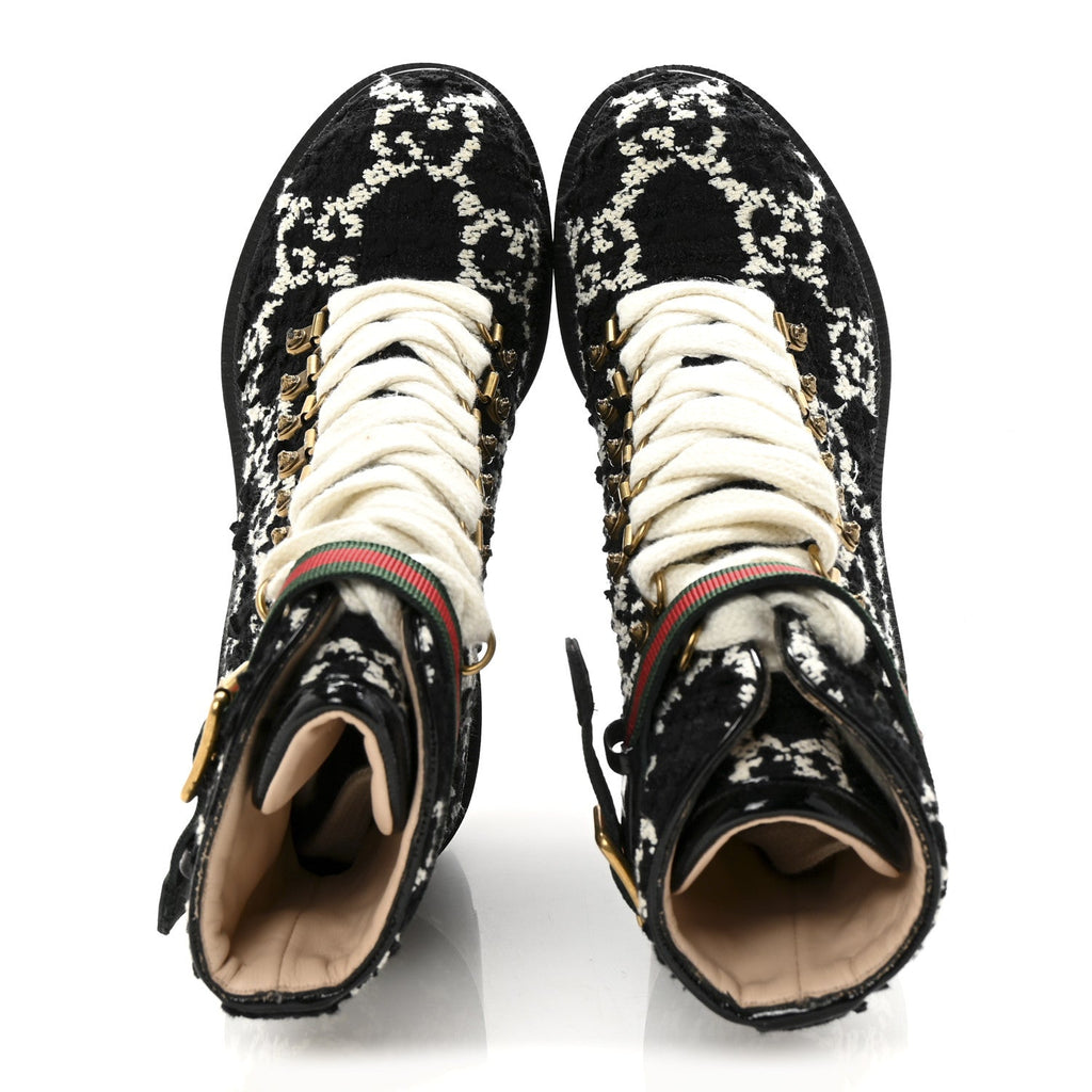 Gucci Tweed GG Monogram Lace Up Combat Ankle Boots 35.5 Black
