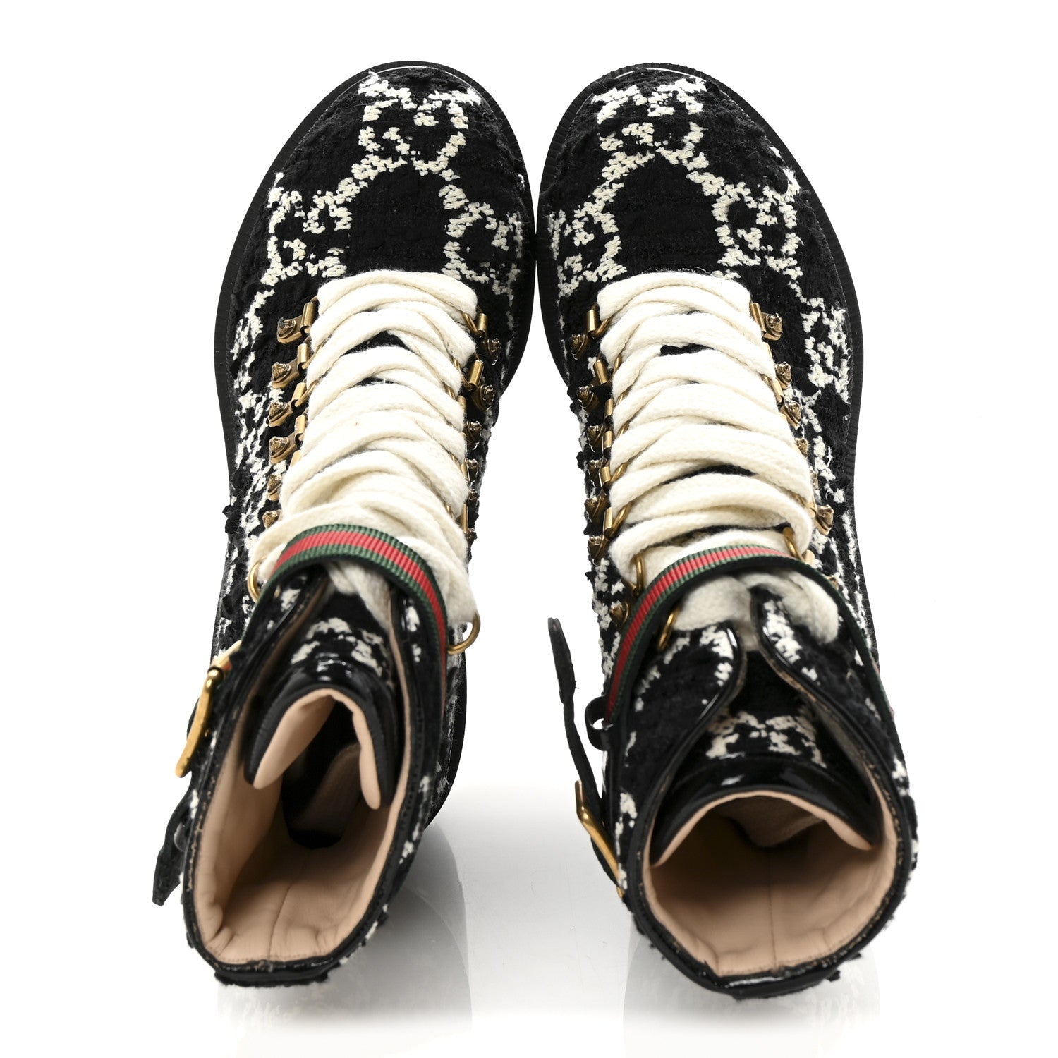 Gucci Tweed GG Monogram Lace Up Combat Ankle Boots 35.5 Black
