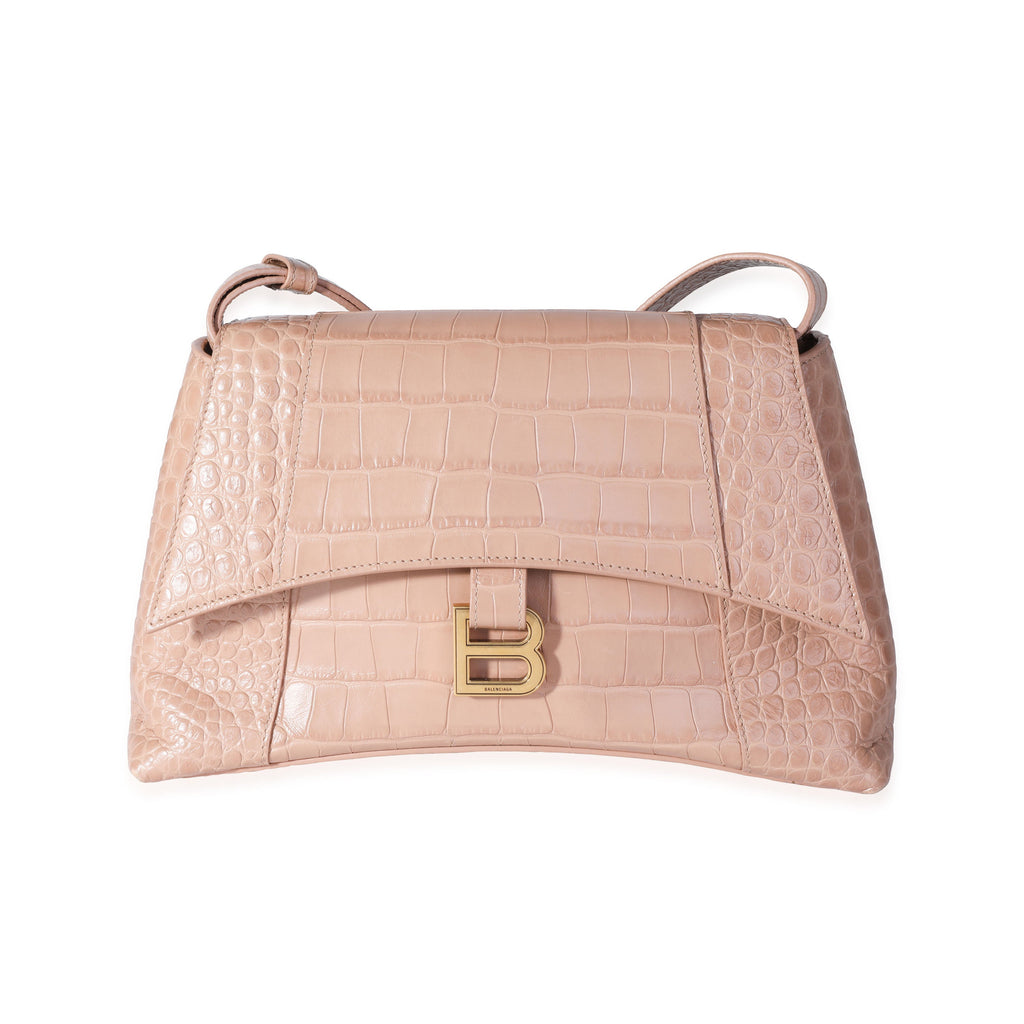Balenciaga Beige Croc Embossed Hourglass Downtown Shoulder Bag