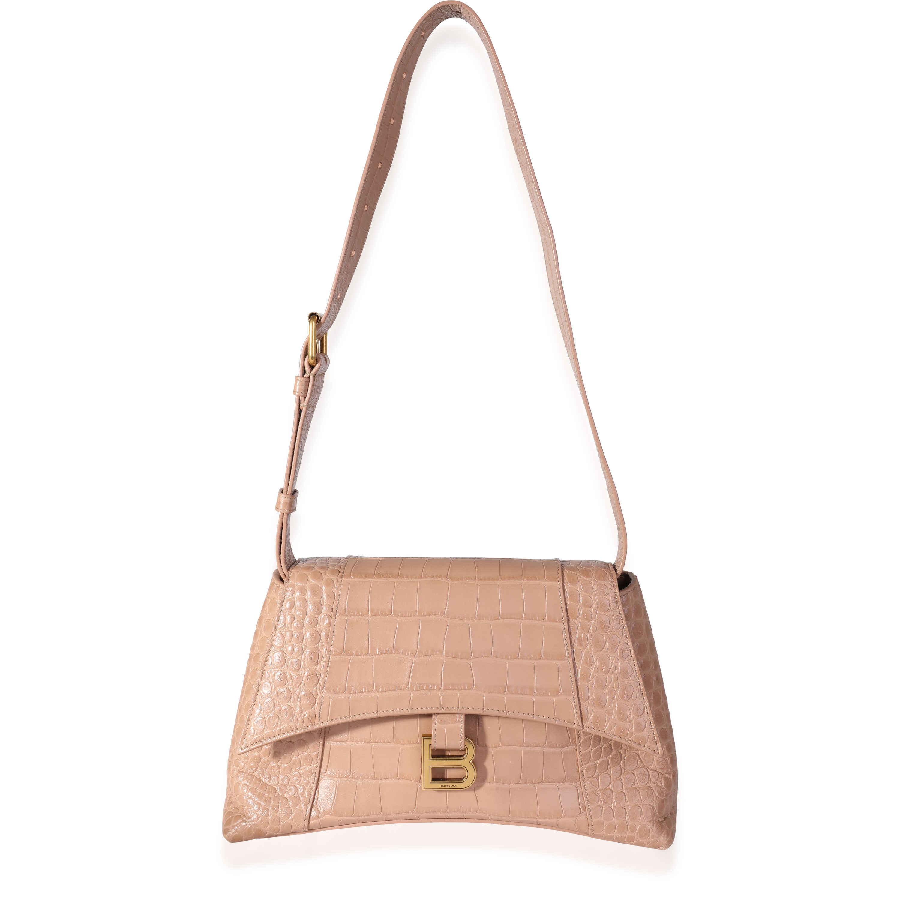 Balenciaga Beige Croc Embossed Hourglass Downtown Shoulder Bag