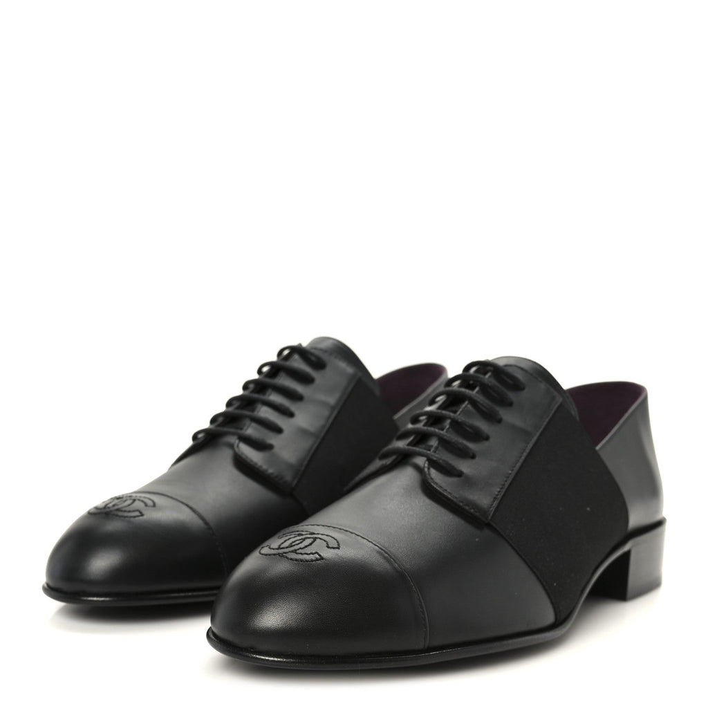 Chanel Calfskin Elastic Lace Up Cap Toe CC Loafers 39 Black