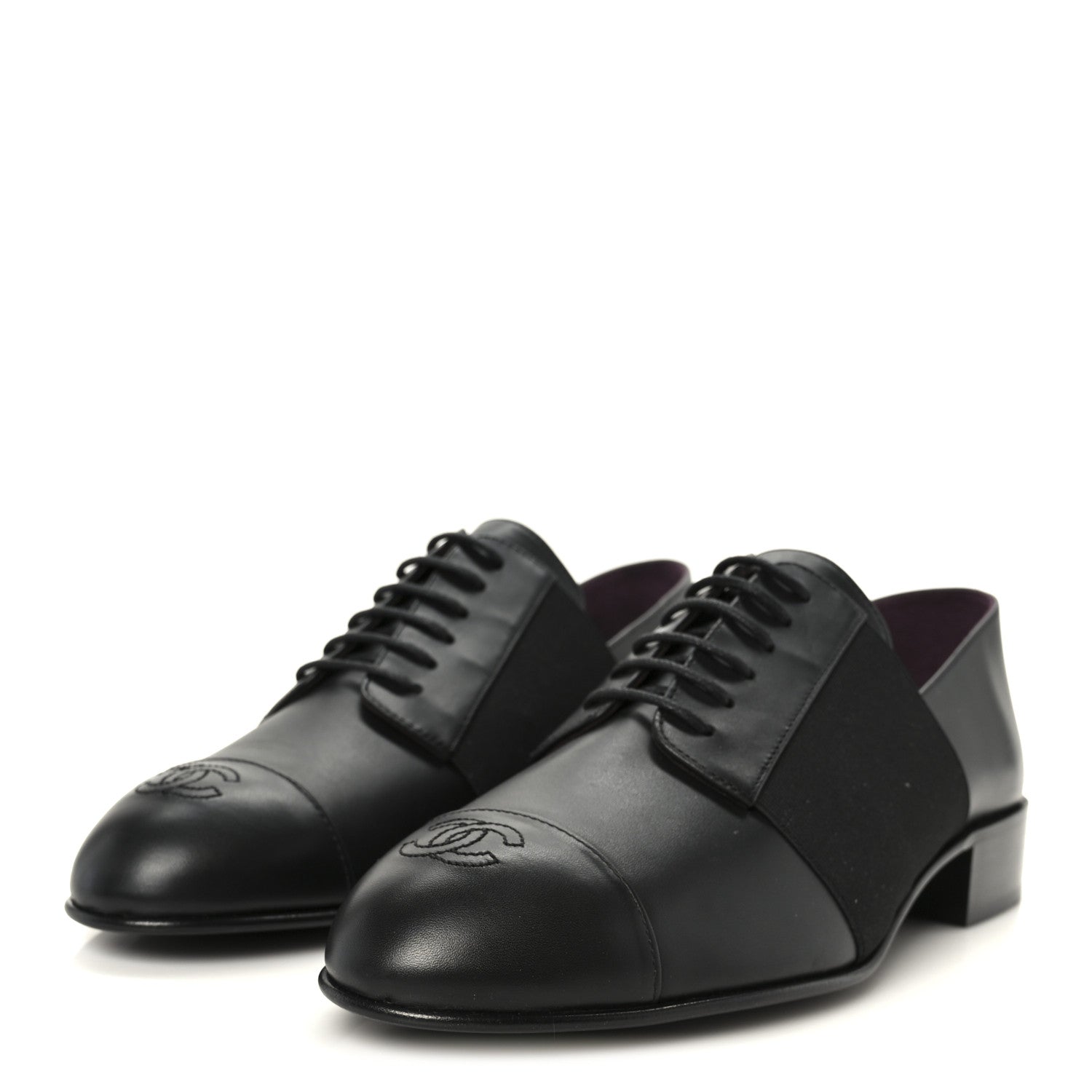 Chanel Calfskin Elastic Lace Up Cap Toe CC Loafers 39 Black