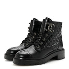 Chanel Shiny Lambskin Quilted Lace Up Combat Boots 39 Black