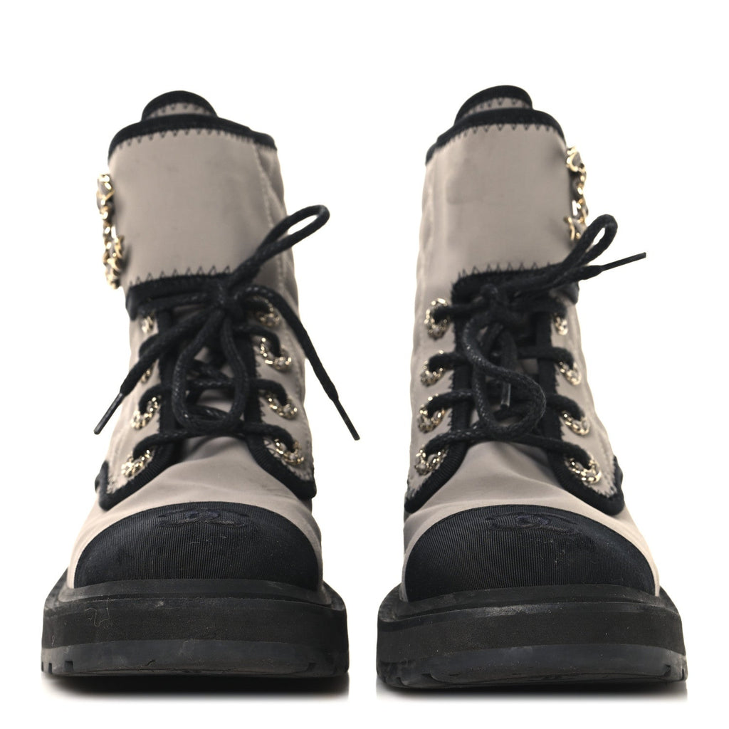 Chanel Fabric Grosgrain Lambskin Quilted Lace Up Combat Boot 36 Gray