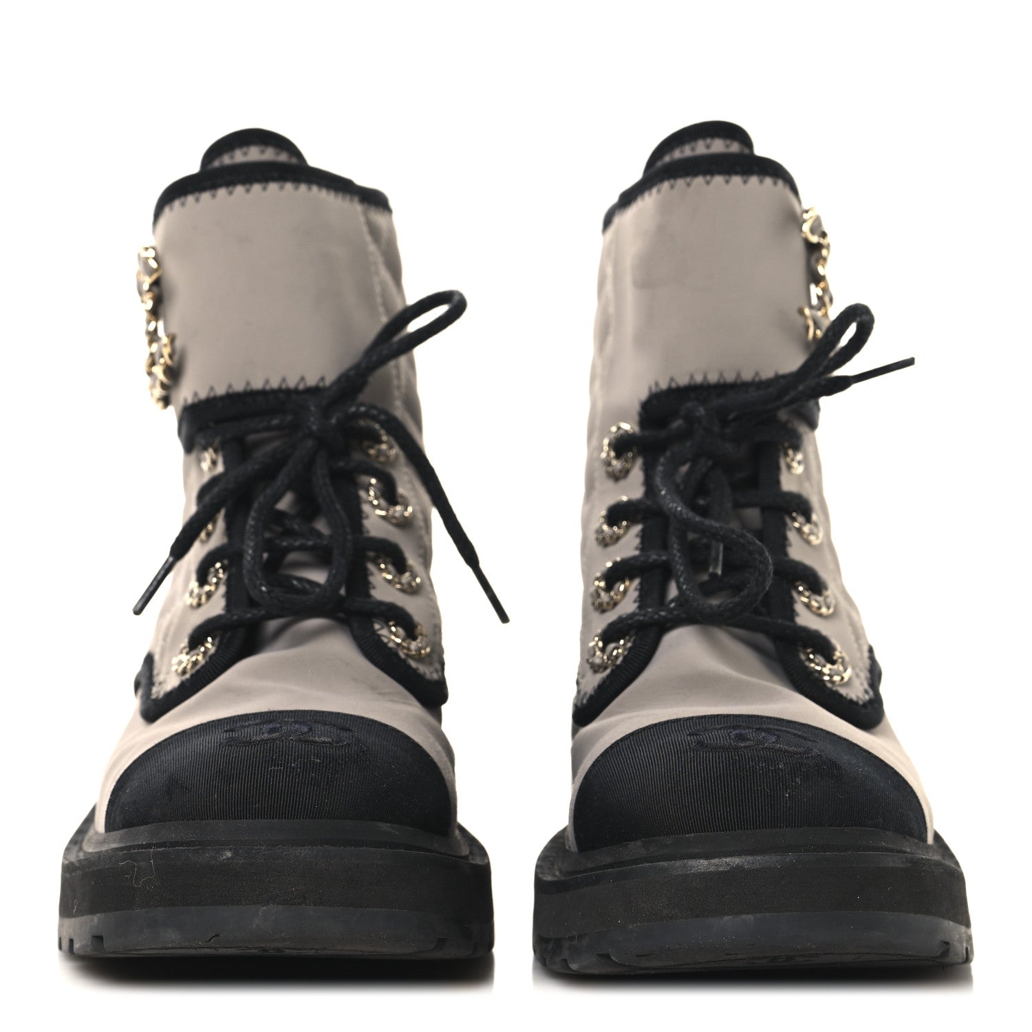 Chanel Fabric Grosgrain Lambskin Quilted Lace Up Combat Boot 36 Gray