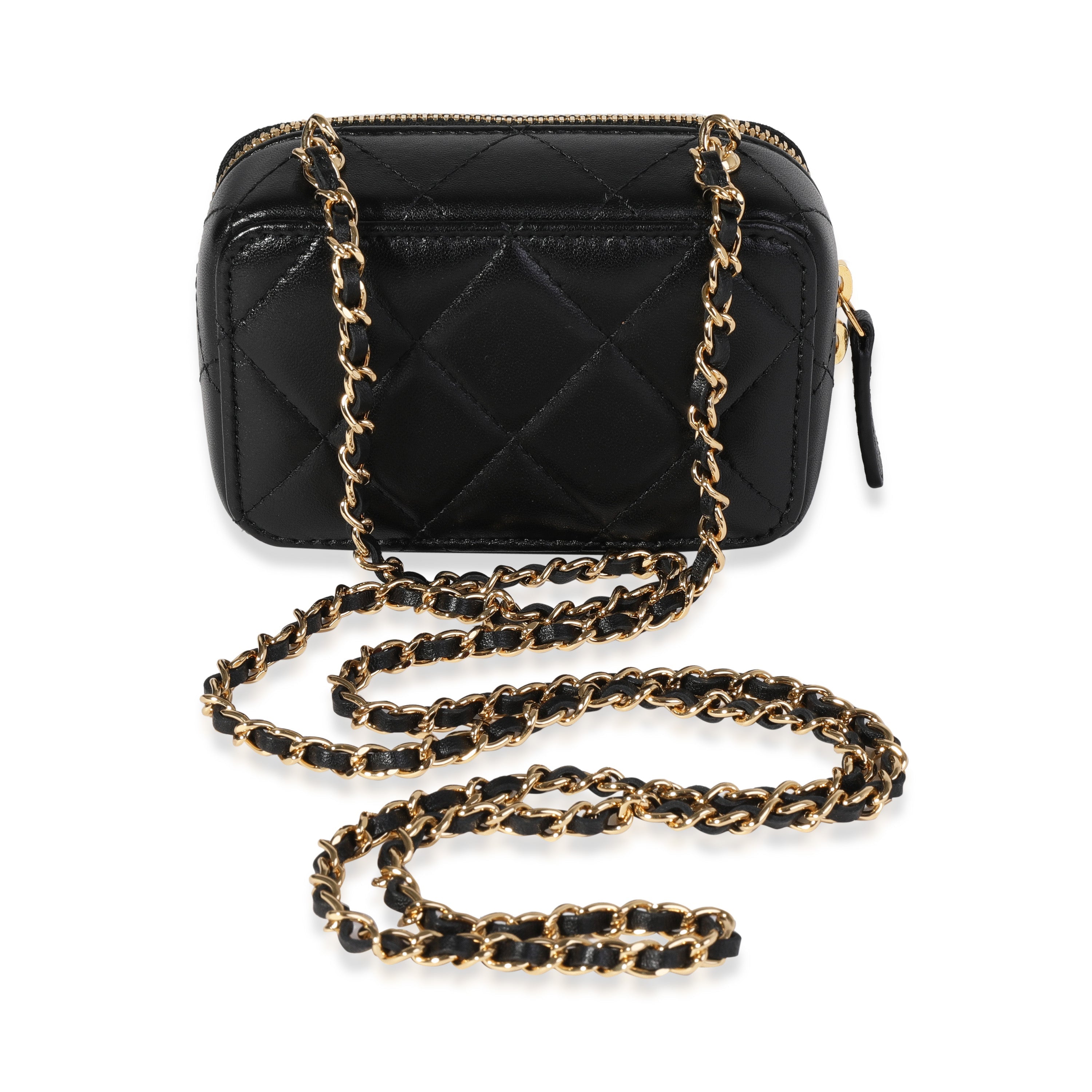Chanel Gold Quilted Metal & Black Lambskin Mini Vanity Bag