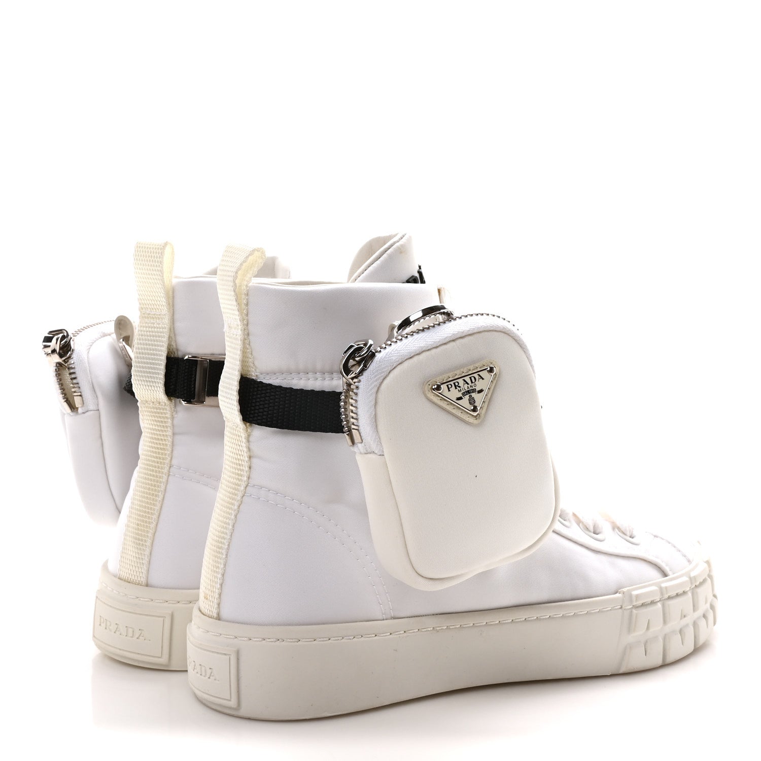 Prada Re-Nylon Gabardine Metal Triangle Logo Wheel Pouch Pocket High Top Sneakers 35.5 White