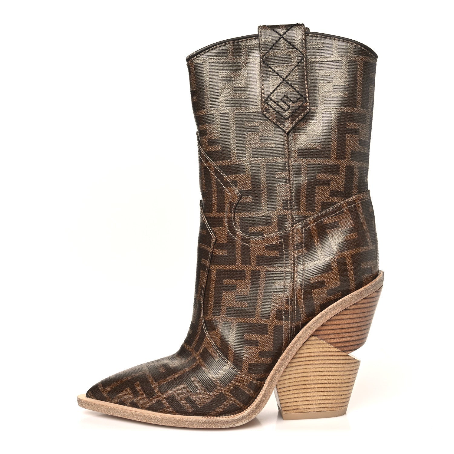 Fendi Glazed Fabric FF 1974 Cutwalk Ankle Boots 36 Mogano Panna