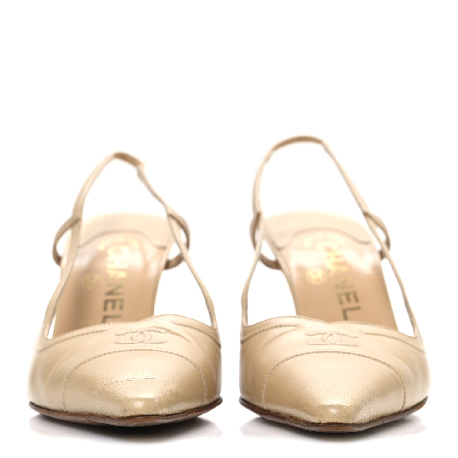 Chanel Lambskin Pointed Toe CC Slingback Heels 37 Beige