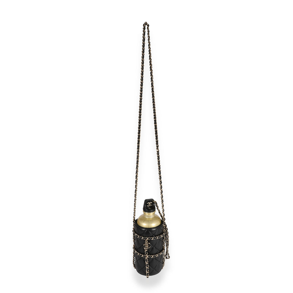 Chanel Gold Metal Water Bottle & Black Quilted Lambskin Holder