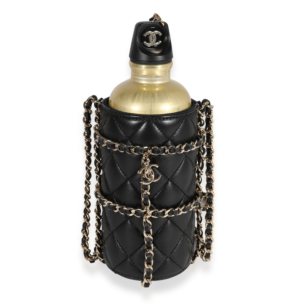 Chanel Gold Metal Water Bottle & Black Quilted Lambskin Holder