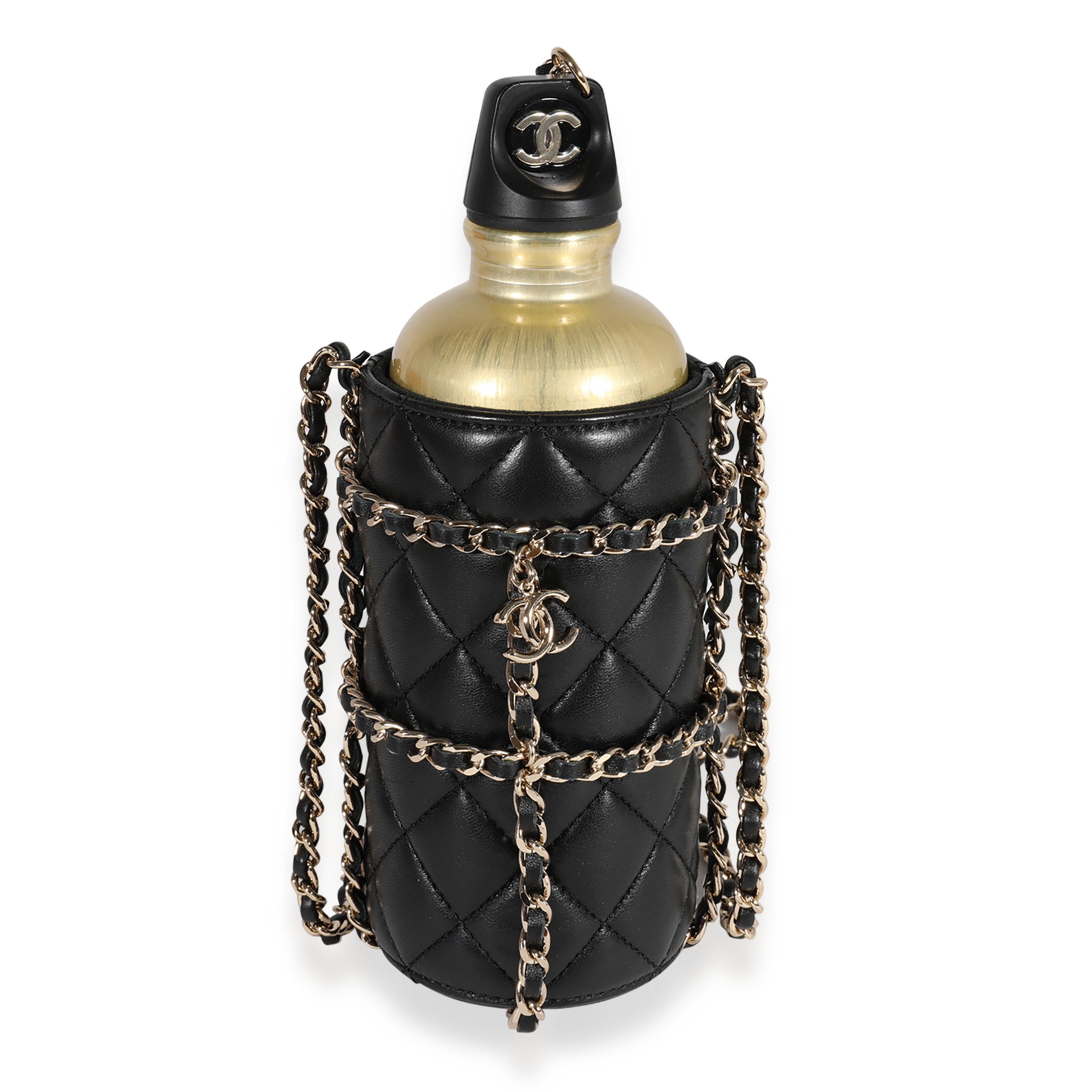 Chanel Gold Metal Water Bottle & Black Quilted Lambskin Holder