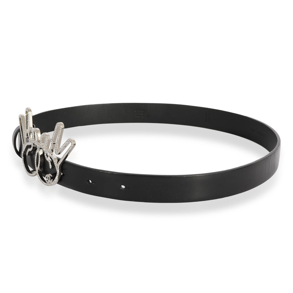 Chanel Black Calfskin Crystal Peace Sign Emoji Belt 65/26