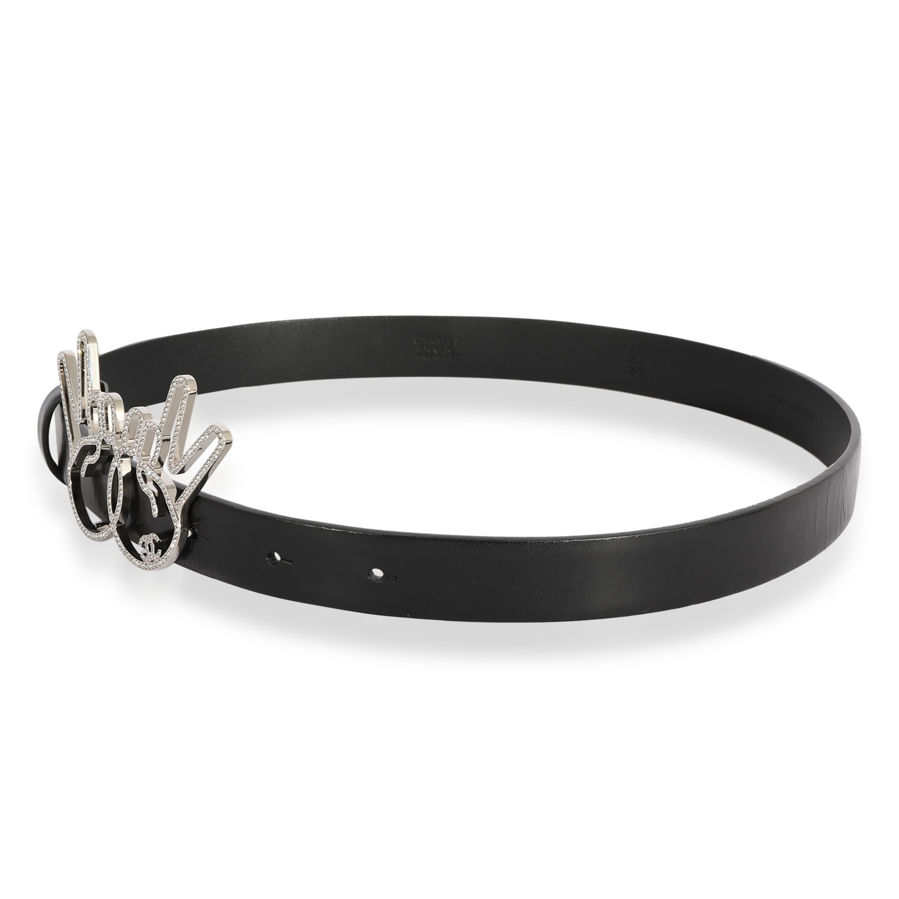 Chanel Black Calfskin Crystal Peace Sign Emoji Belt 65/26
