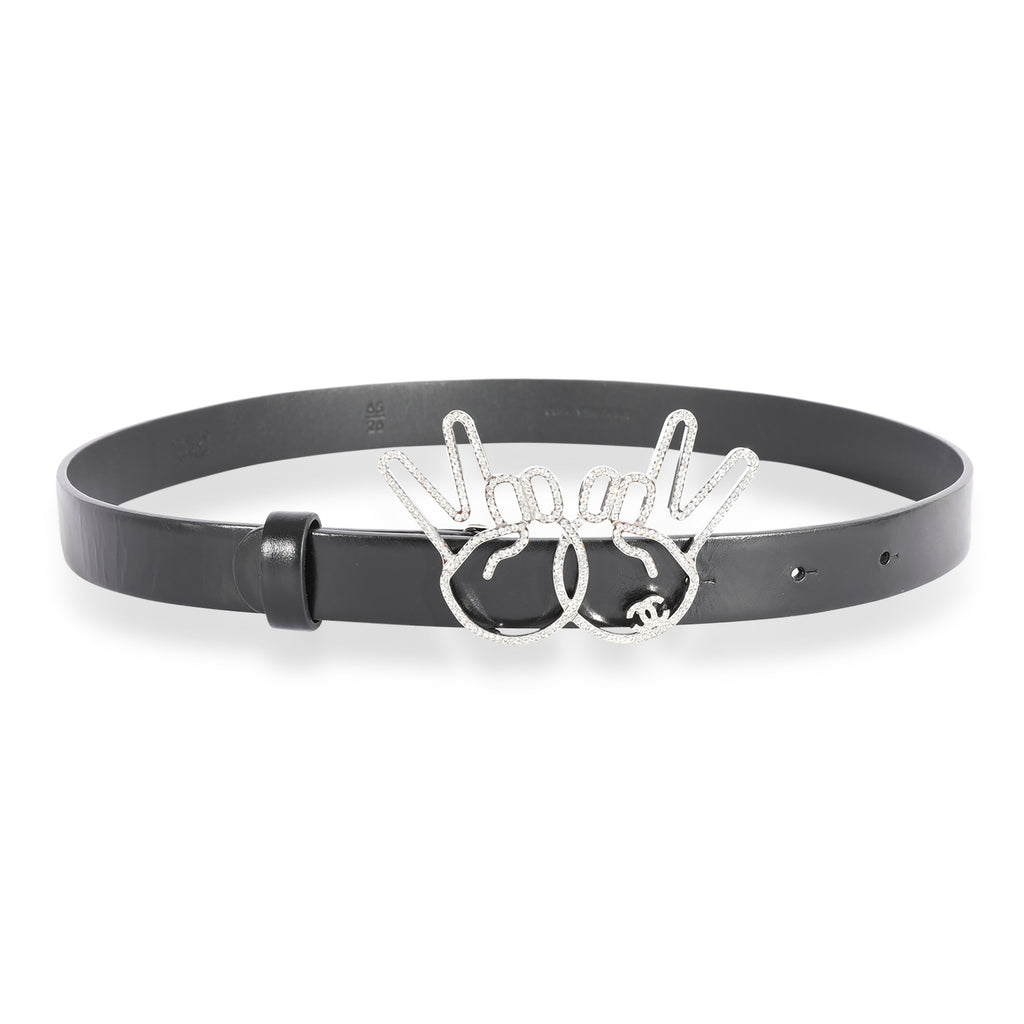 Chanel Black Calfskin Crystal Peace Sign Emoji Belt 65/26