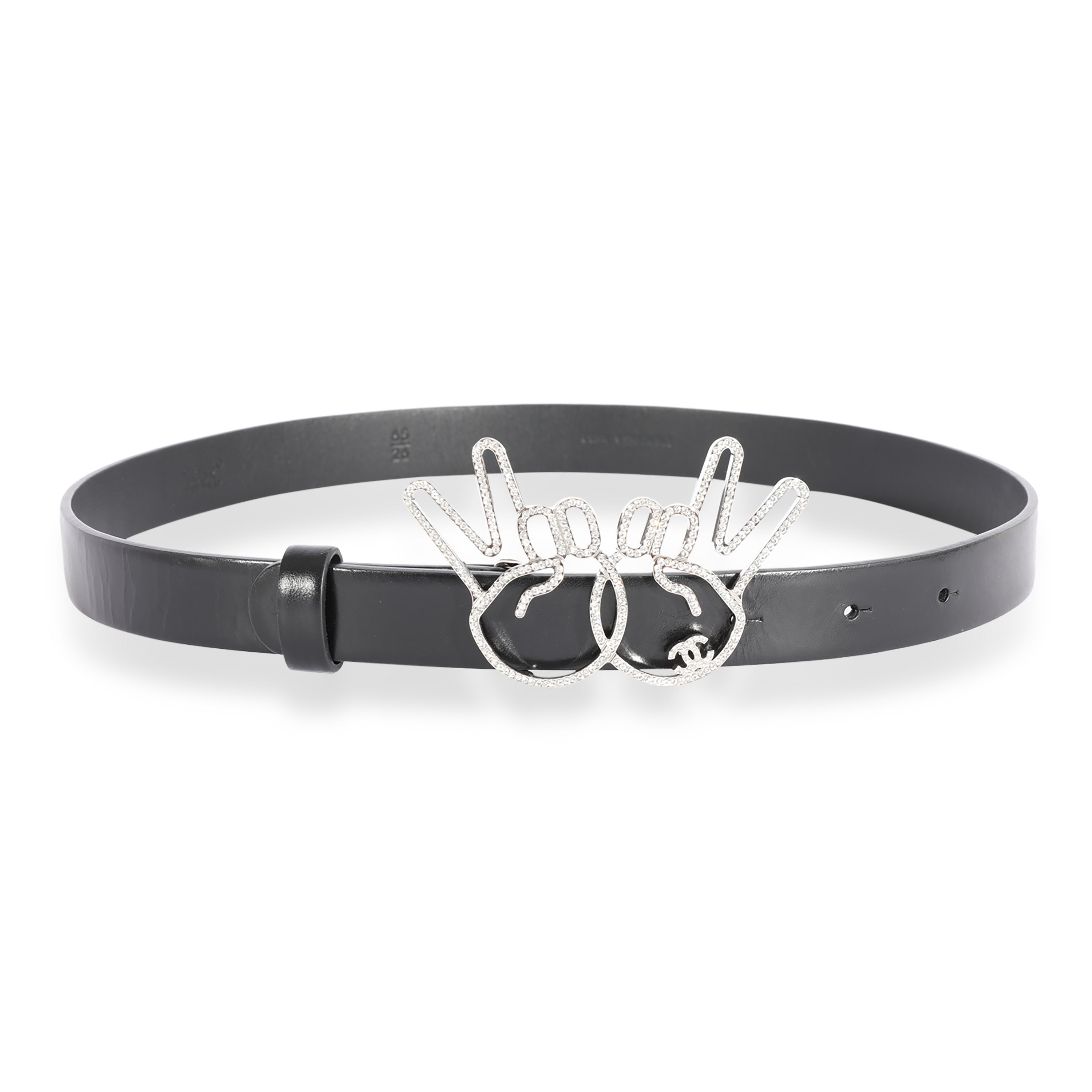 Chanel Black Calfskin Crystal Peace Sign Emoji Belt 65/26
