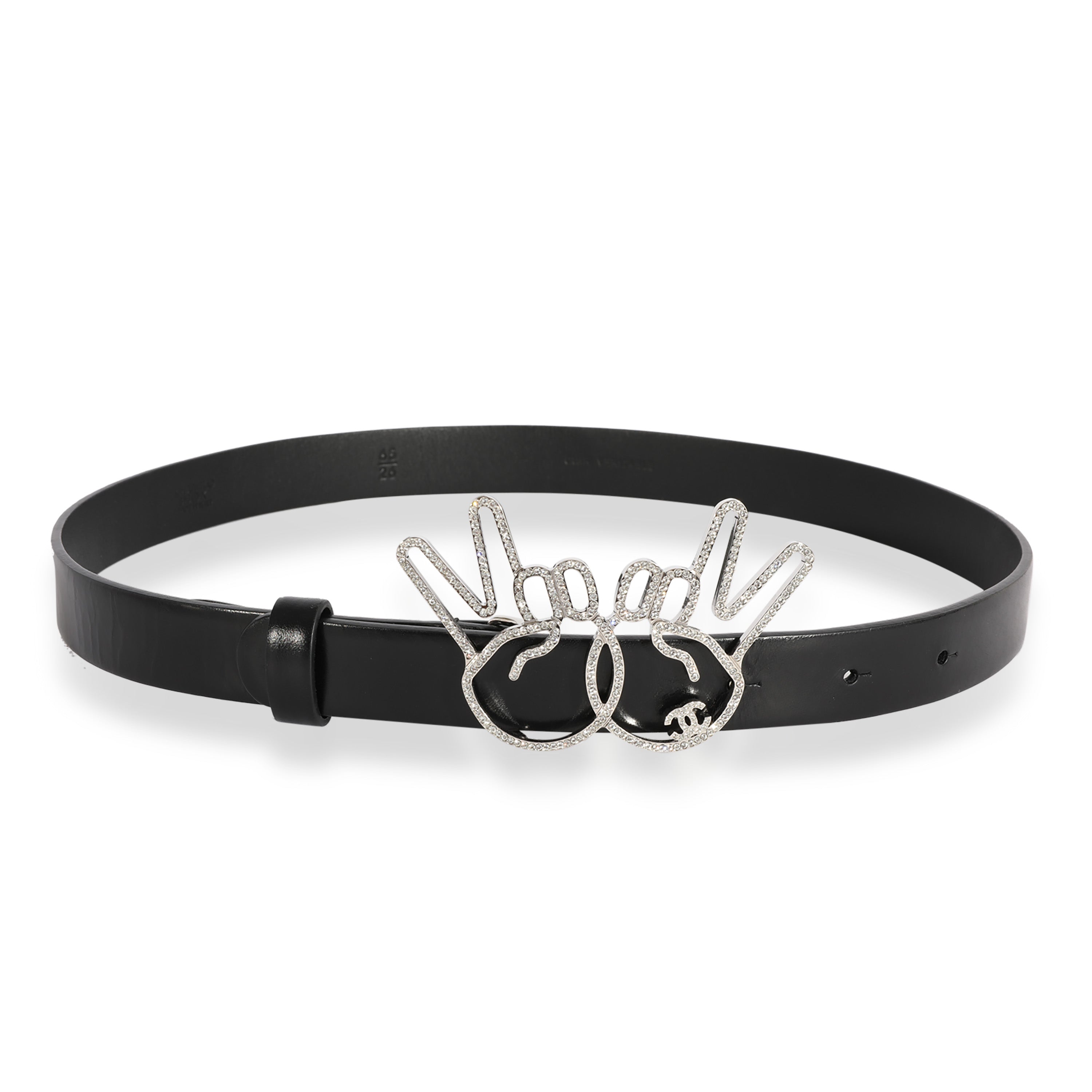 Chanel Black Calfskin Crystal Peace Sign Emoji Belt 65/26